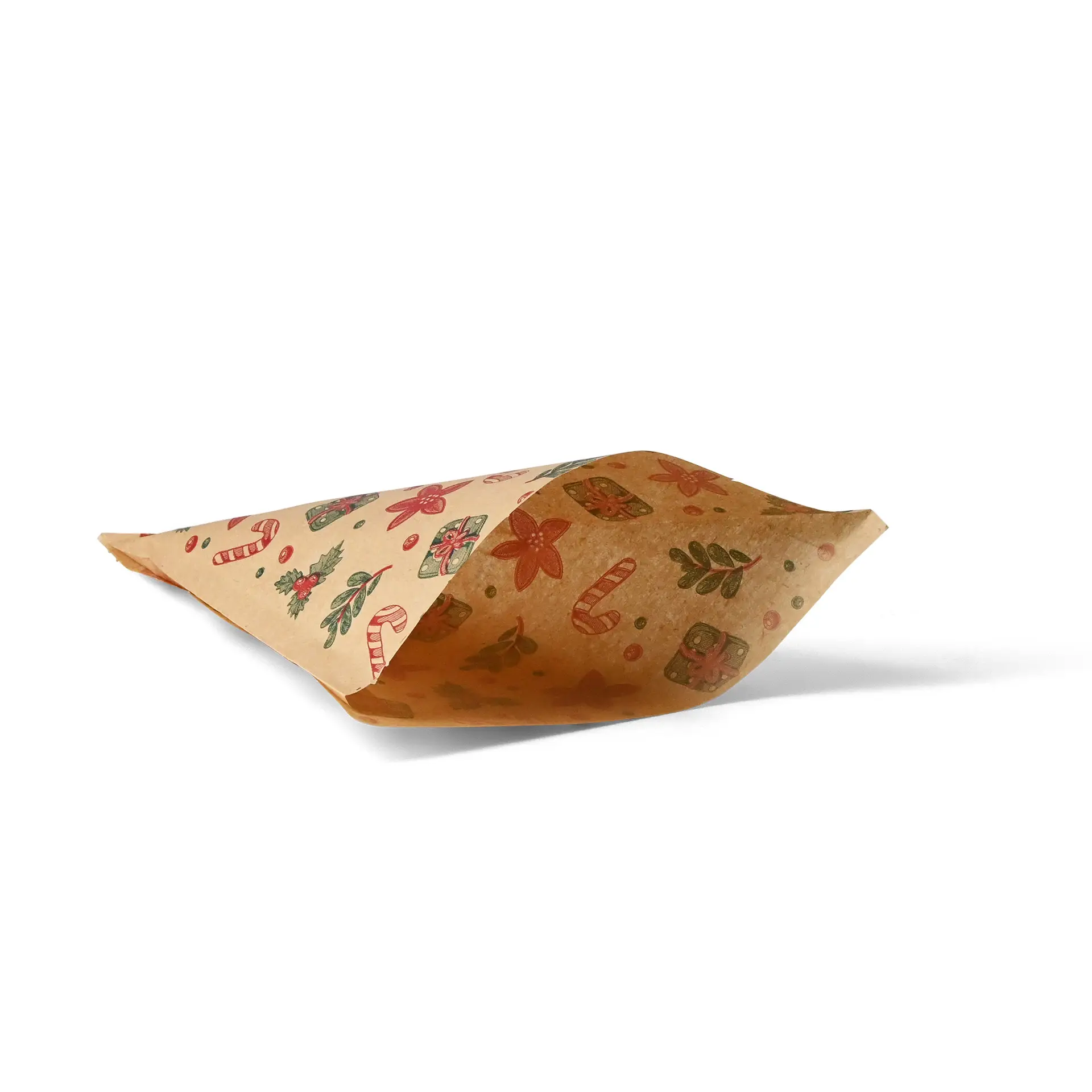 Sac en papier brun résistant à la graisse avec un design hivernal, featuring des cannes en sucre et des fleurs, mesurant 19 x 19 cm.