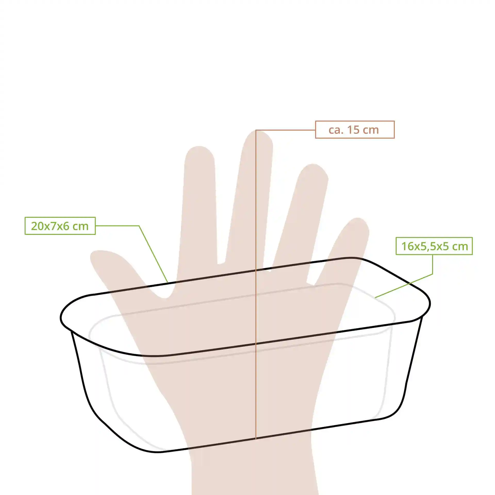 Disegno schematico di uno stampo da forno rettangolare con dimensioni 20x7x6 cm, mostrato sopra una mano per scala.