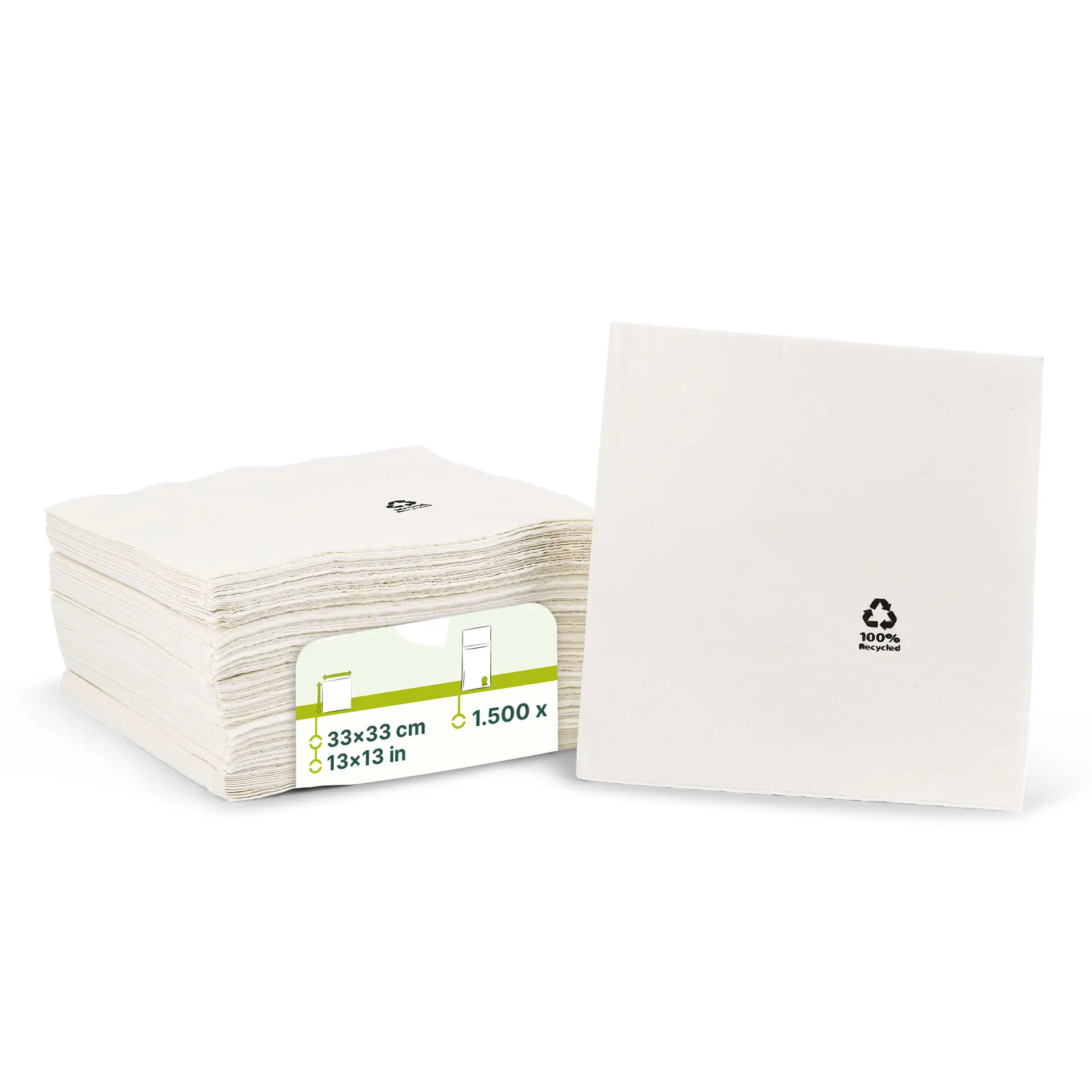 Serviettes en papier 33 x 33 cm, 2 plis, 1/4 pliées, blanches dse02828-servietten-aus-recyceltem-papier-33-x-33-cm-2-lagig-14-falz-weiss