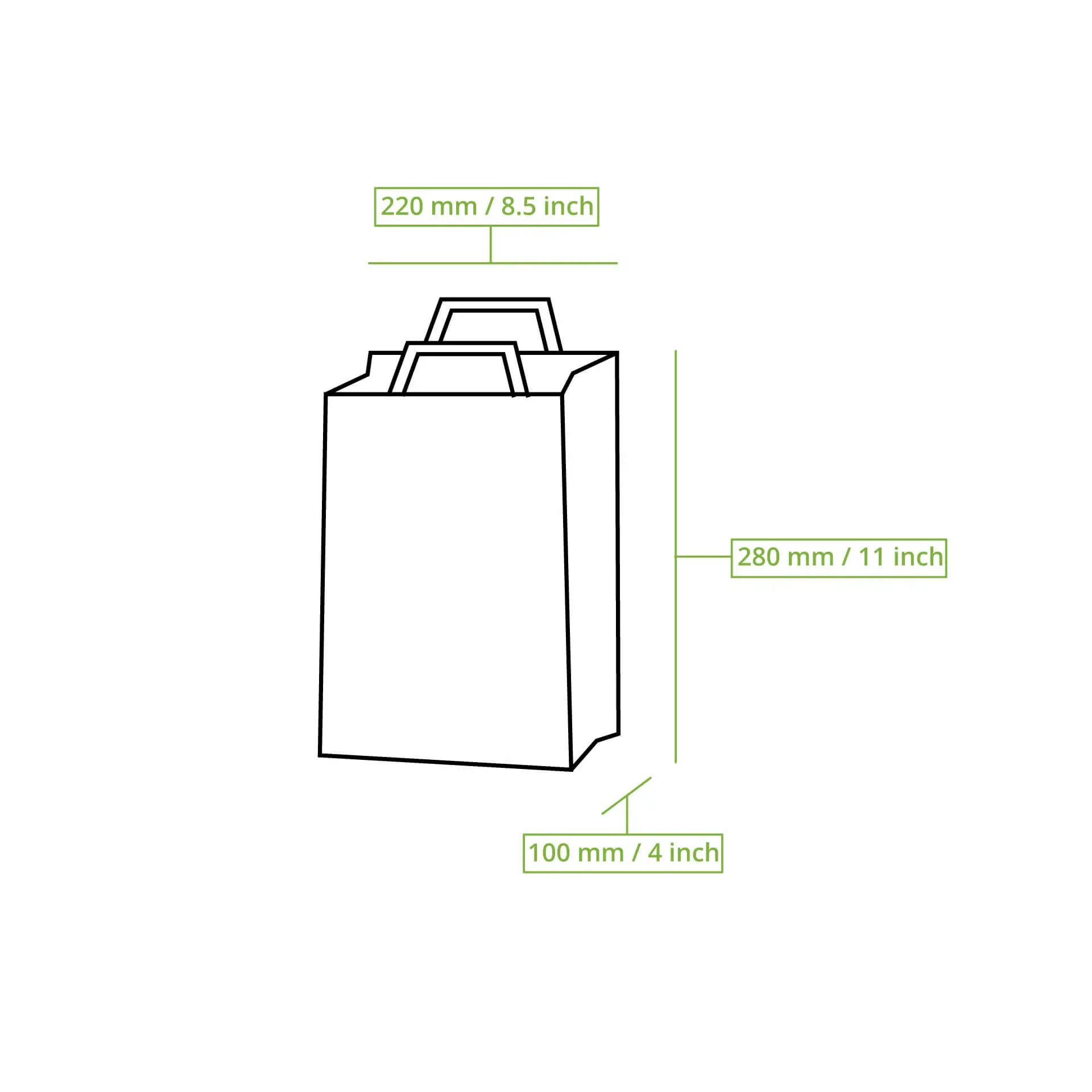 Illustration d'un sac à provisions blanc, dimensions : 220 mm de hauteur, 280 mm de largeur et 100 mm de profondeur. Conçu pour les courses et la nourriture.