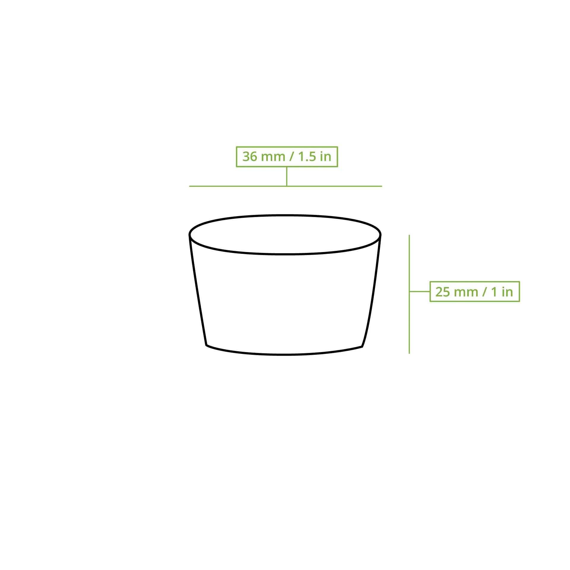 Gobelet en papier blanc avec un design effilé, mesurant 36 mm de diamètre en haut et 25 mm de hauteur, adapté aux dips et sauces.
