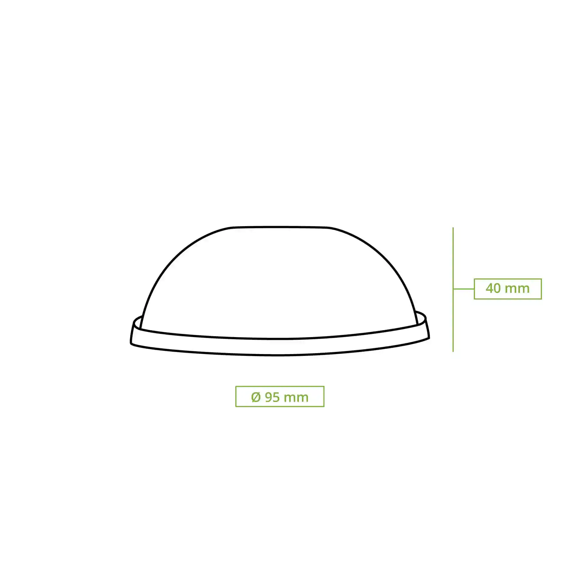 Disegno schematico di un coperchio a cupola trasparente in PLA con un diametro di 95 mm e un'altezza di 40 mm.