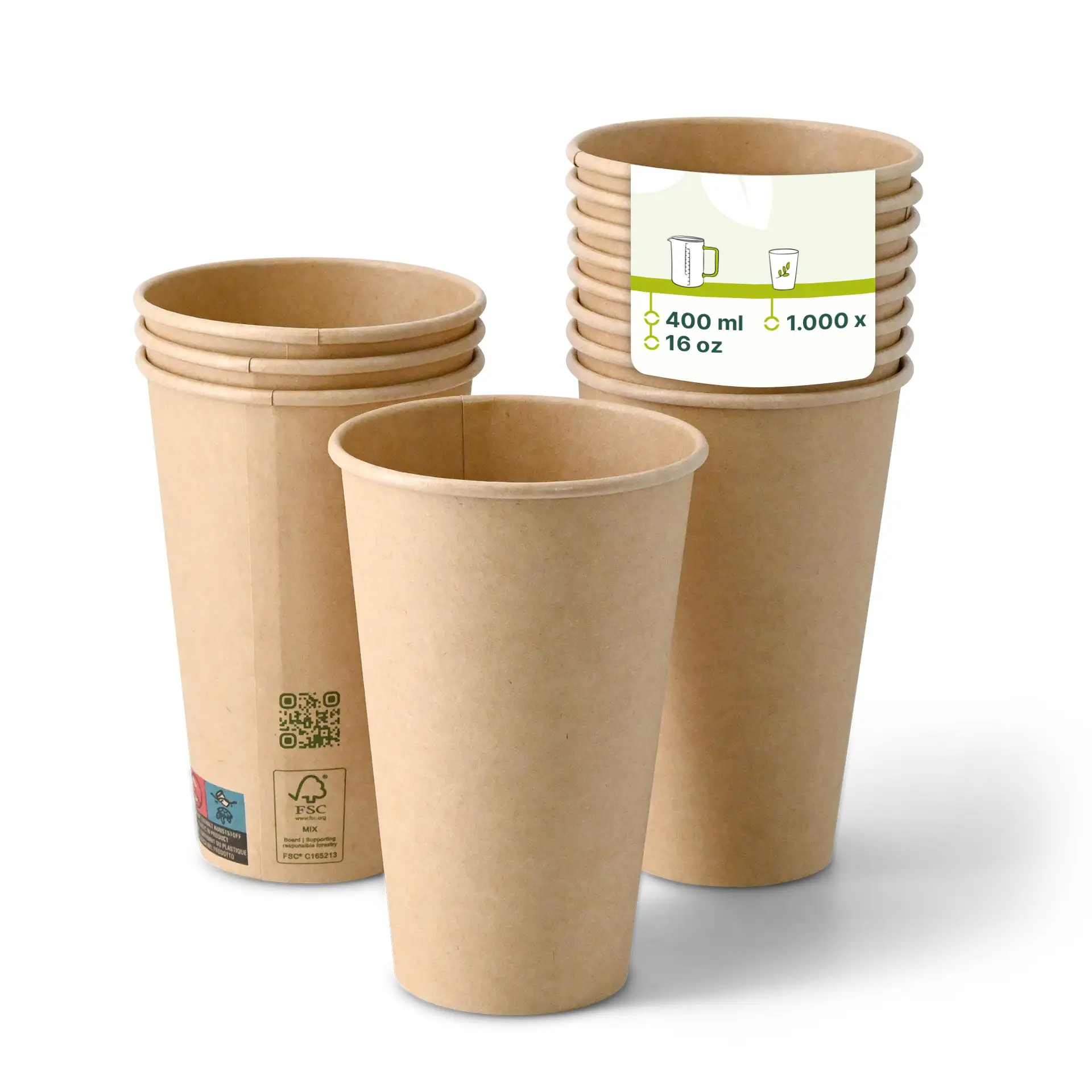Pappbecher 400 ml / 16 oz, Ø 90 mm, einwandig, braun, PLA-beschichtet