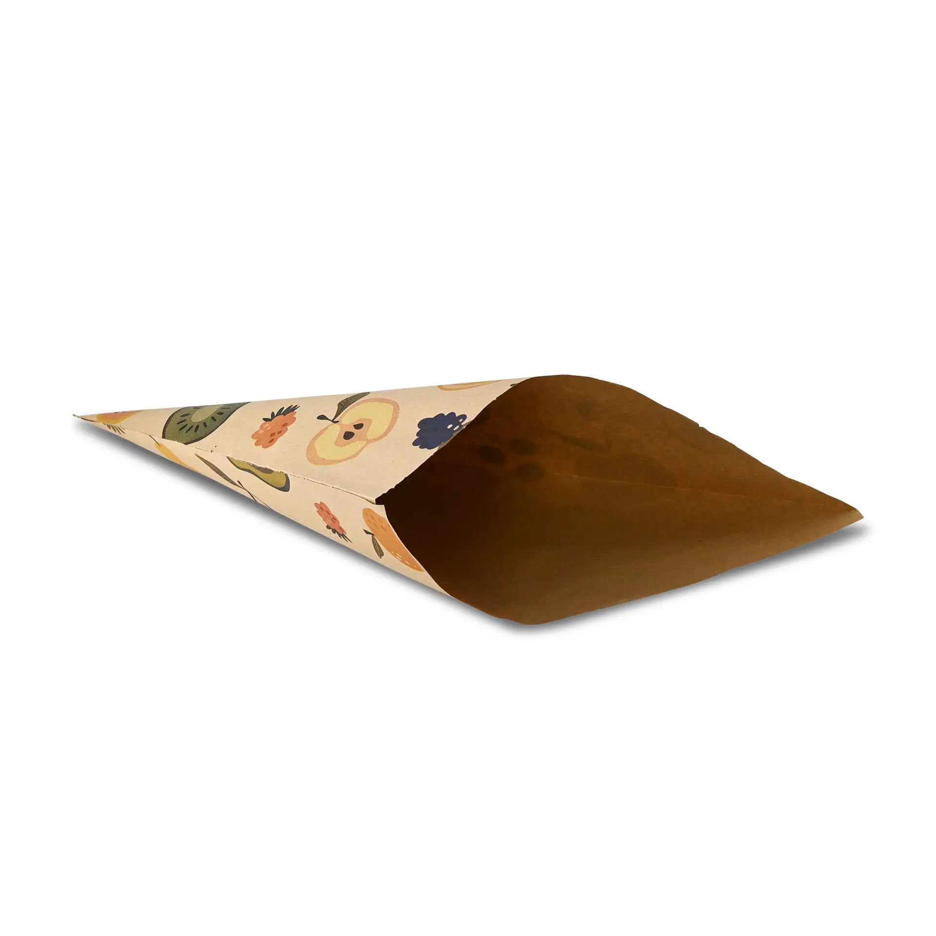 Papierkonus mit braunem Äußeren und bedrucktem Blumenmuster, ideal für Obst und Gemüse.