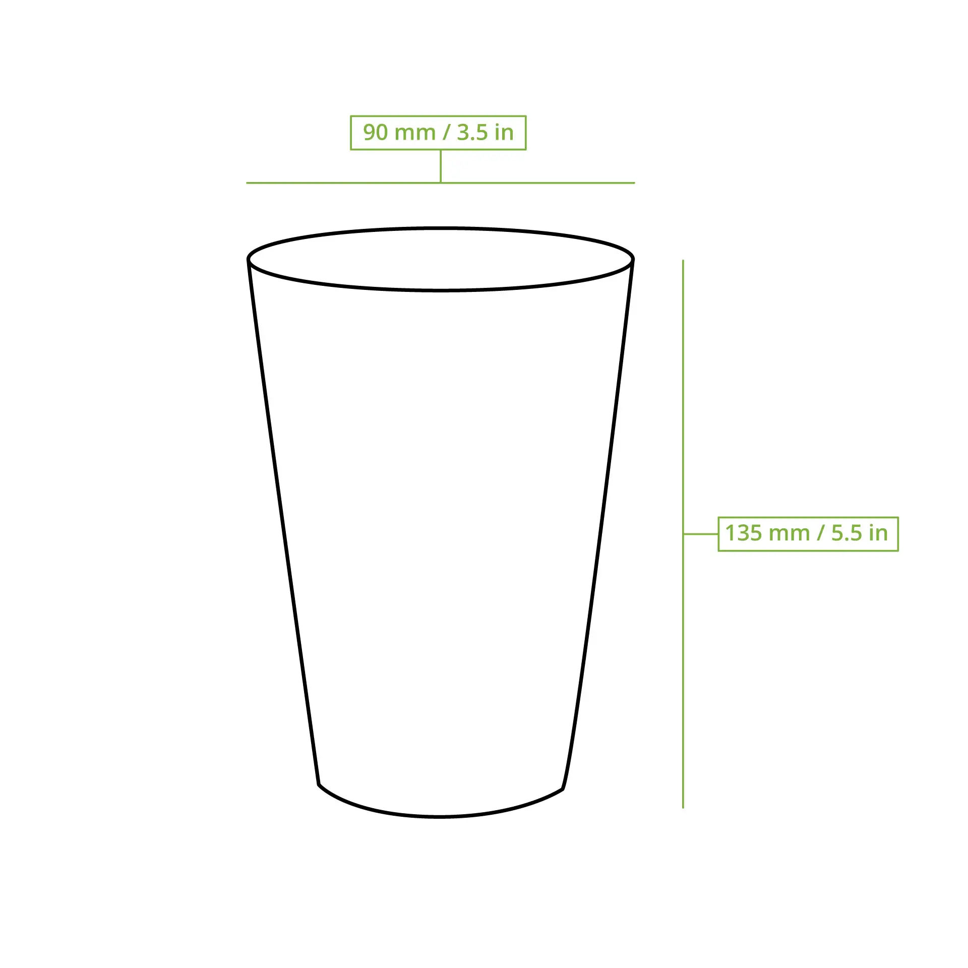 Schematische Zeichnung eines gerippten Bechers mit Abmessungen: Höhe 135 mm und Durchmesser 90 mm.