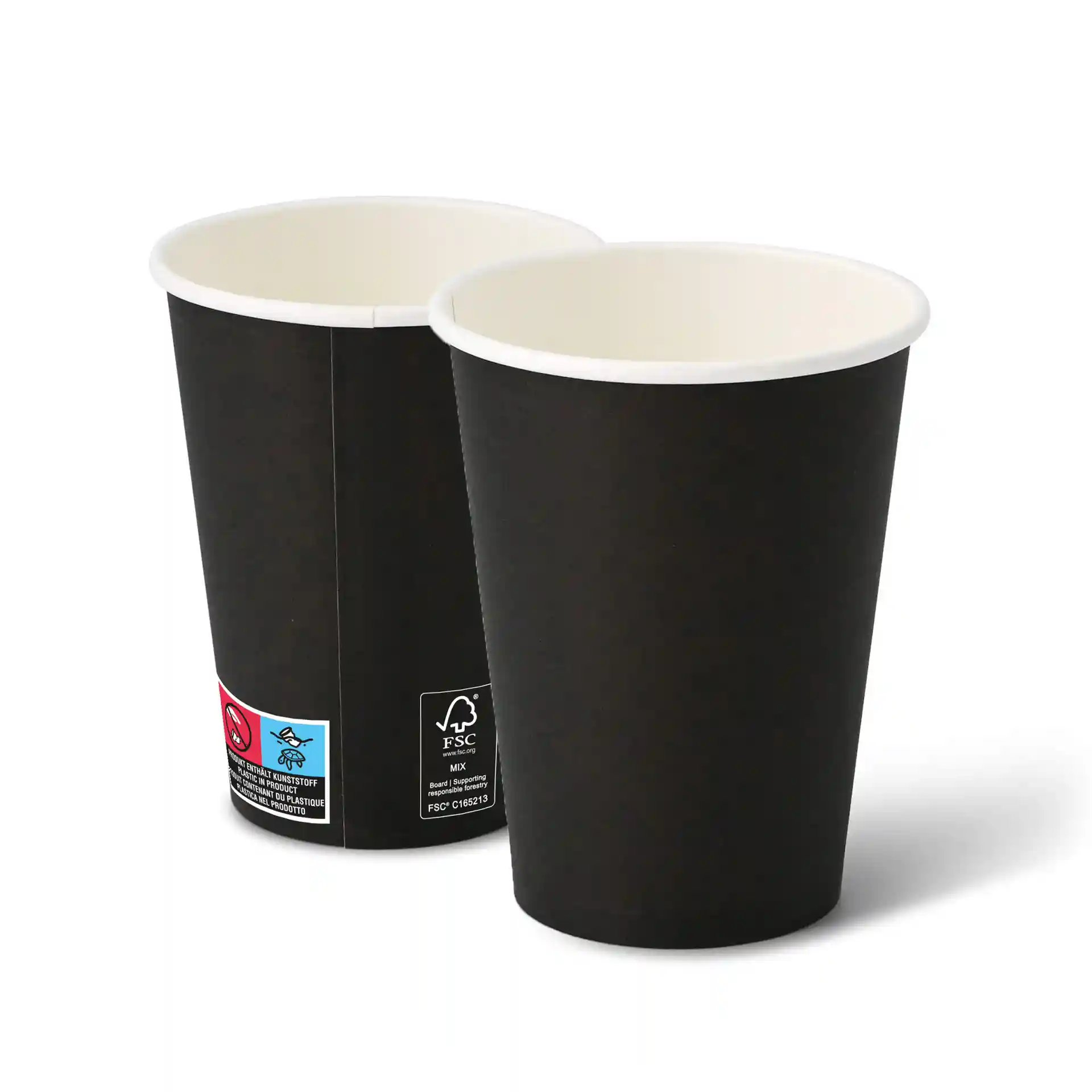 Gobelets en carton noir, capacité de 12 oz, forme ronde, avec intérieur blanc et étiquettes visibles sur le côté.