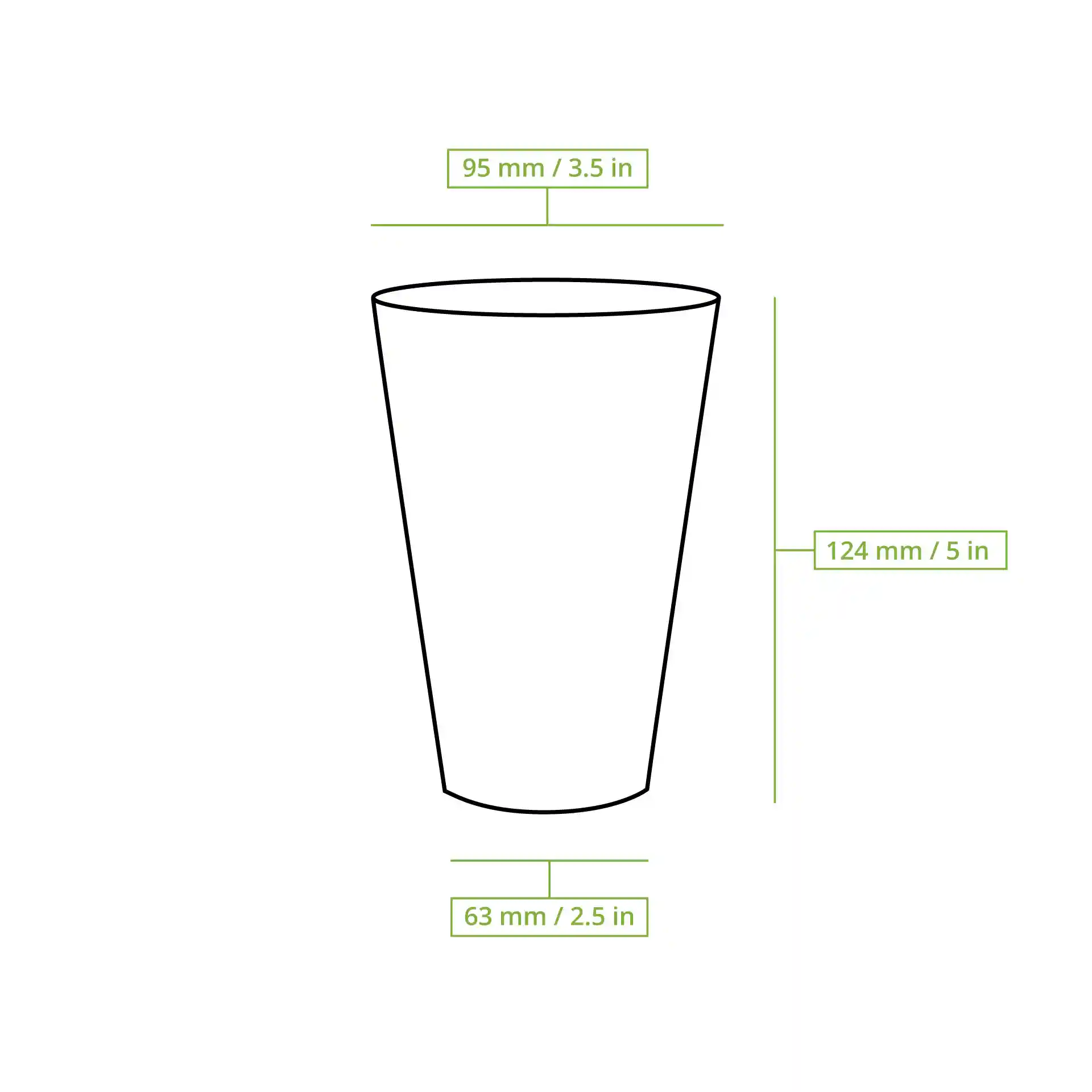Disegno schematico di un bicchiere con linee di dimensione che mostrano un'altezza di 125 mm, un diametro superiore di 95 mm e un diametro inferiore di 63 mm.