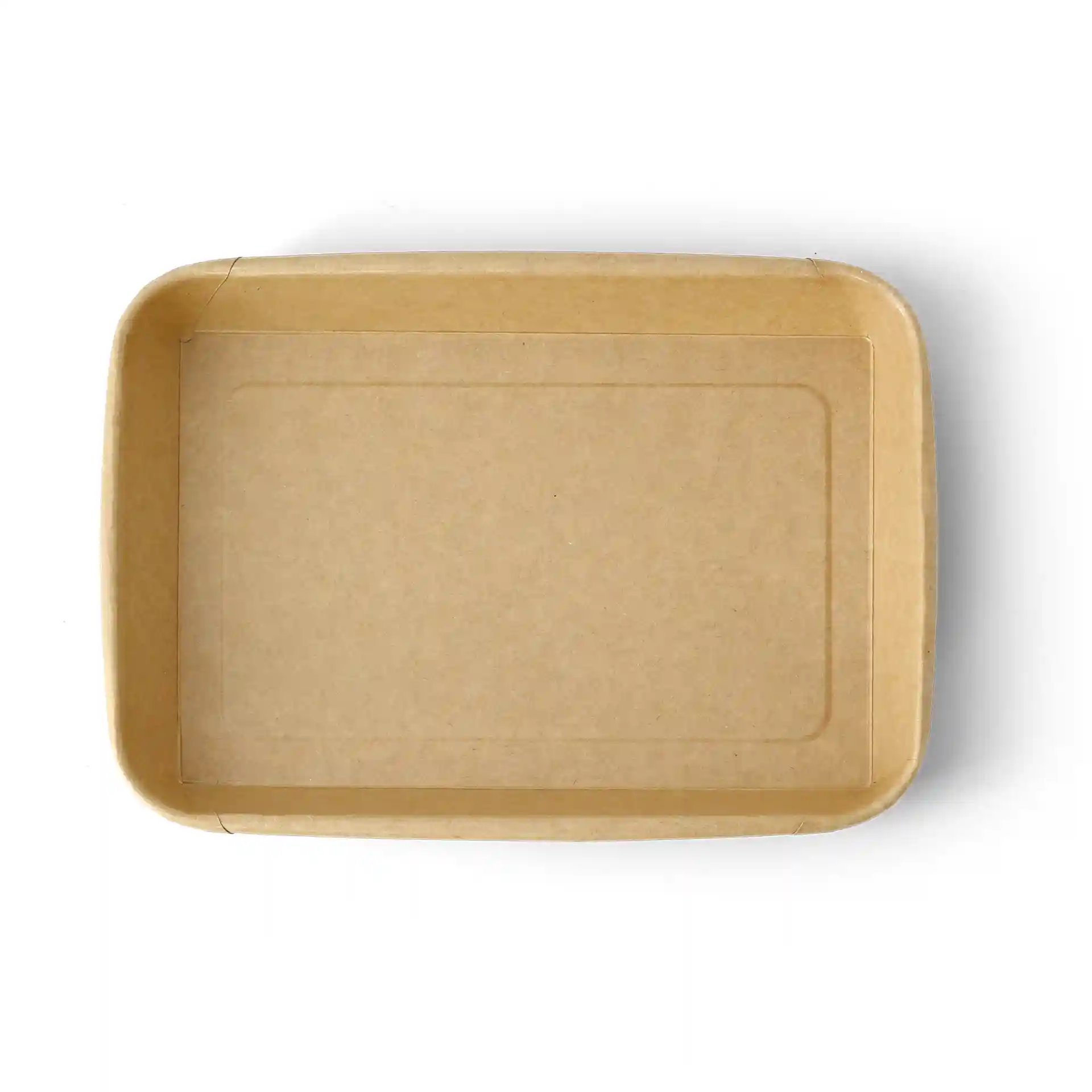 Braune rechteckige Sushi-Box, PE-beschichtet, 22 x 14 x 2,5 cm, mit flachem Boden und leicht erhöhten Rändern.