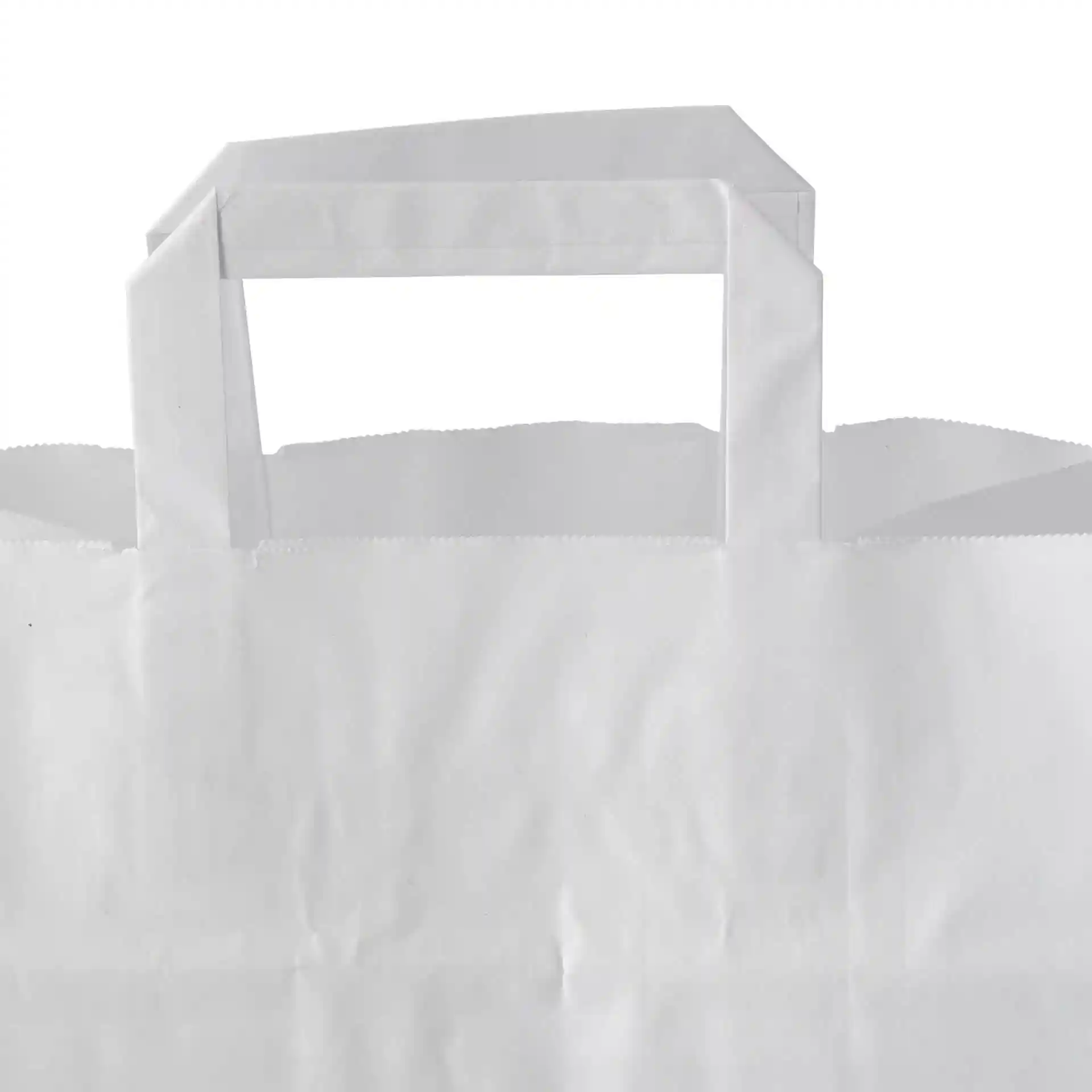 Borsa in carta kraft bianca con base ampia e due manici, dimensioni 26 x 17 x 25 cm.