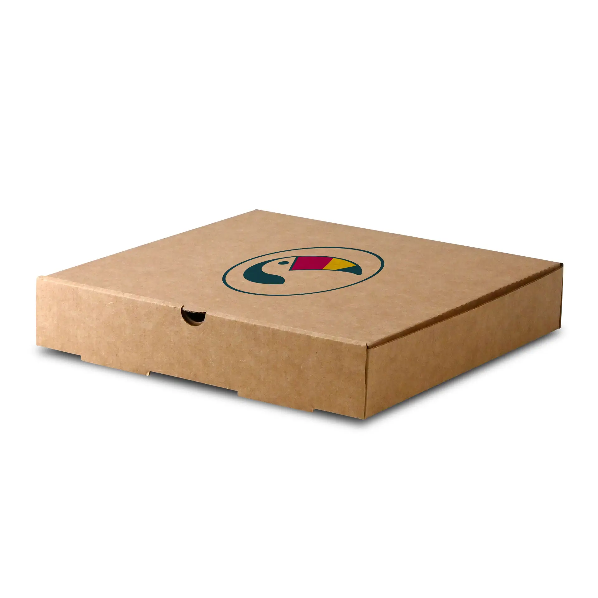 Braune Pizzaschachtel mit einem runden Logo, das ein Tukansymbol zeigt, 26 x 26 x 4 cm groß.