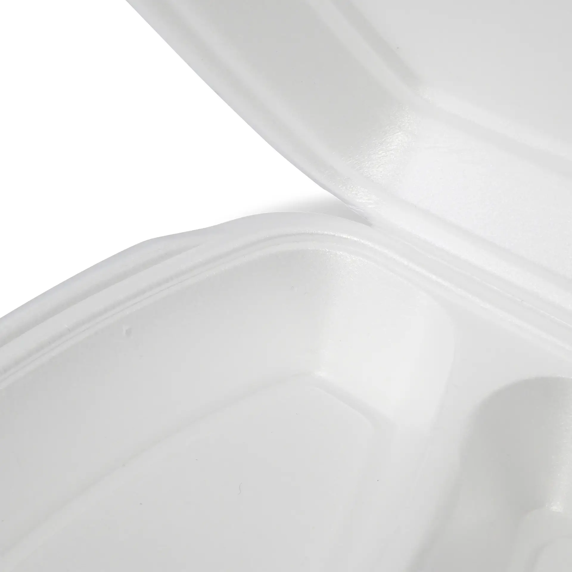 Conteneur alimentaire jetable blanc avec couvercle à charnière, montrant l'intérieur.