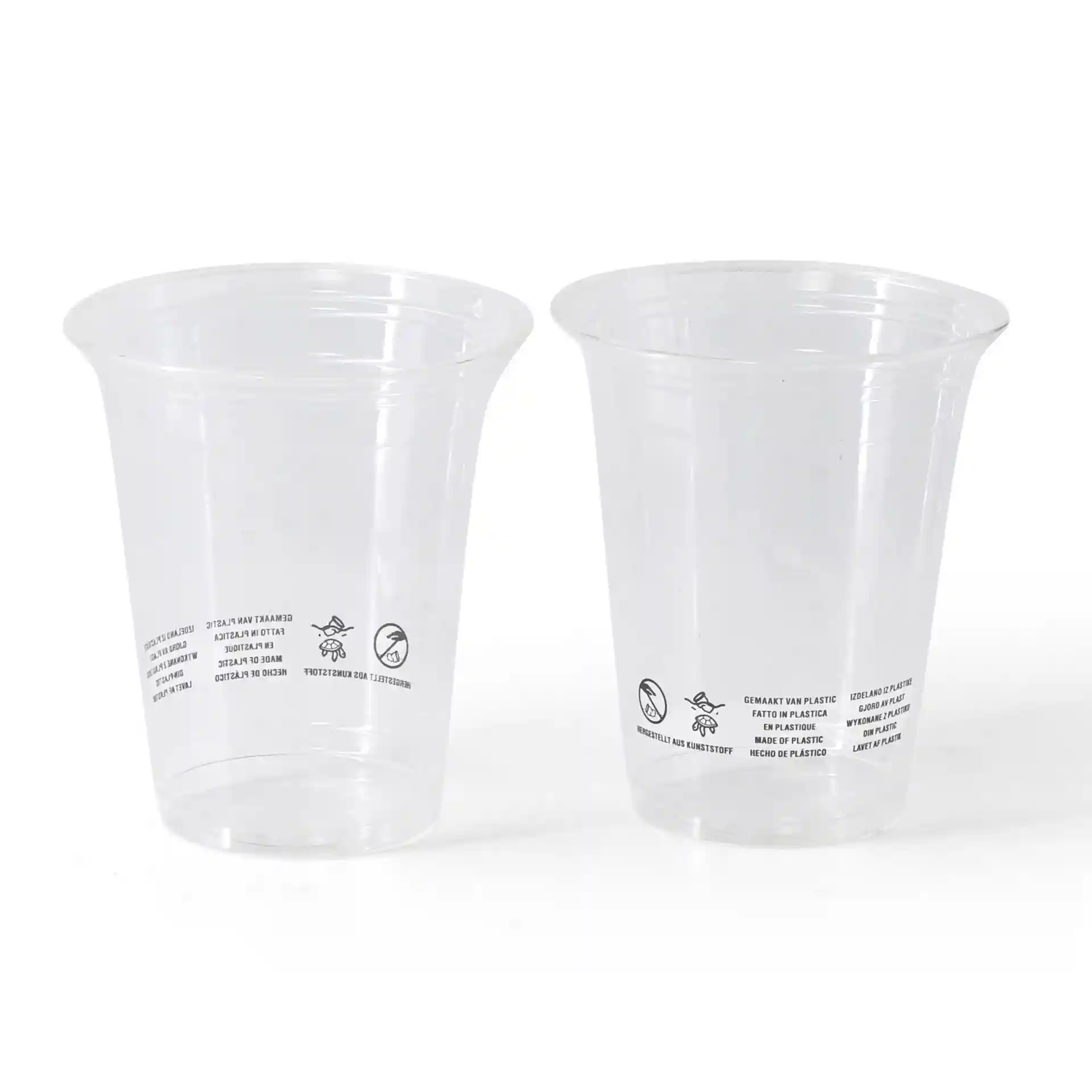 Klare PLA-Plastikbecher, 300 ml Kapazität, mit sichtbaren Markierungen an den Seiten, zwei Becher abgebildet.