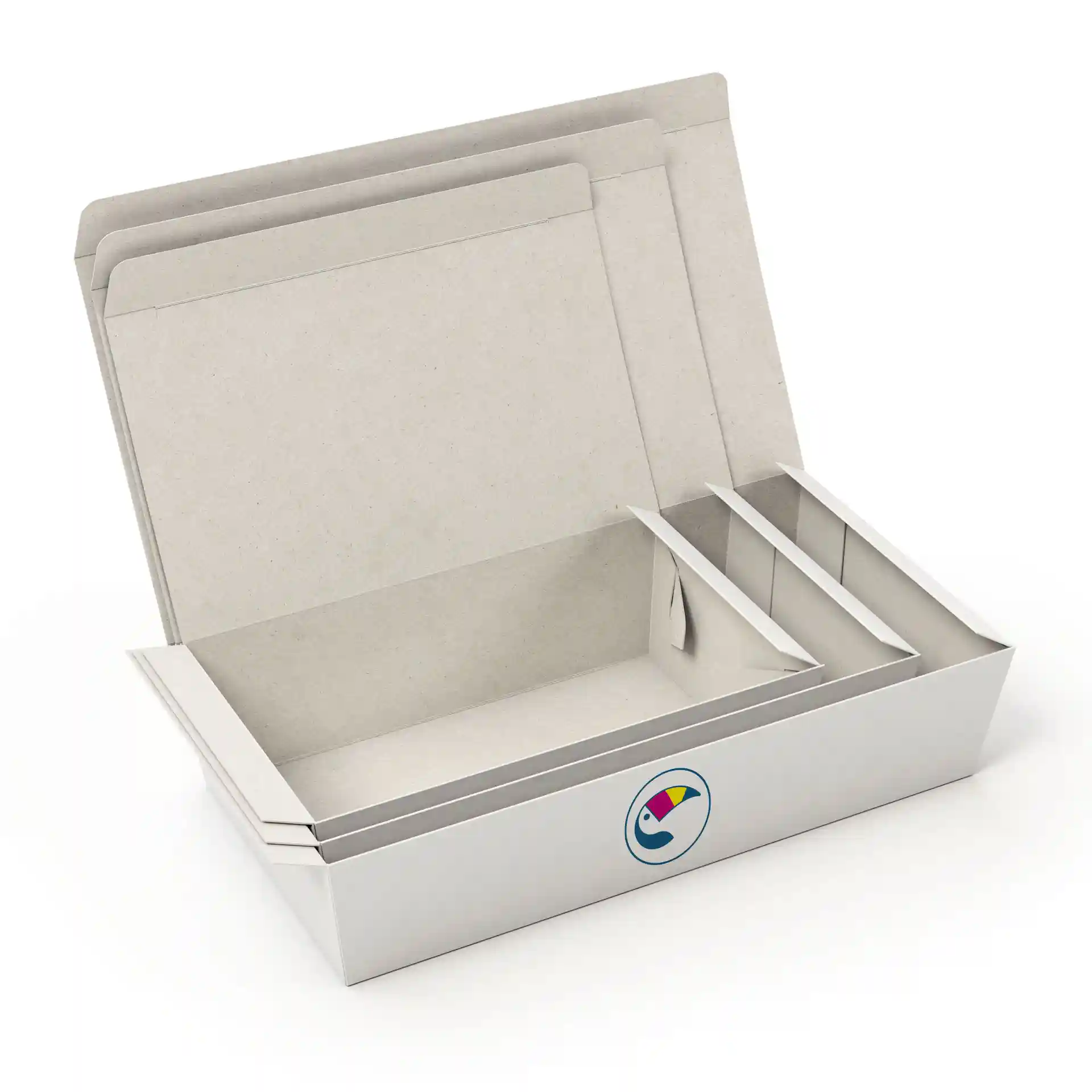 Boîte à snacks blanche avec logo, trois compartiments, hauteur de 47 mm, longueur de 188 mm et largeur de 104 mm.