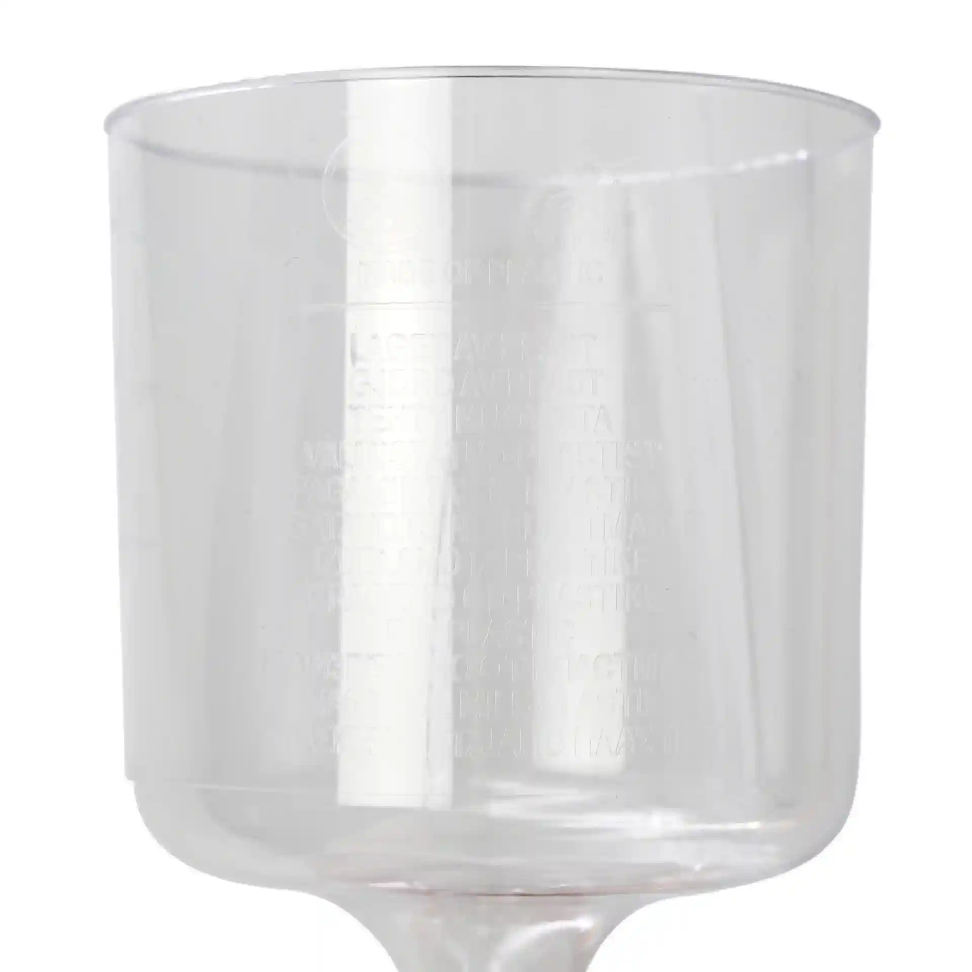 Transparenter wiederverwendbarer Weinglas mit einer Höhe von 100 mm und einem Durchmesser von 70 mm oben.
