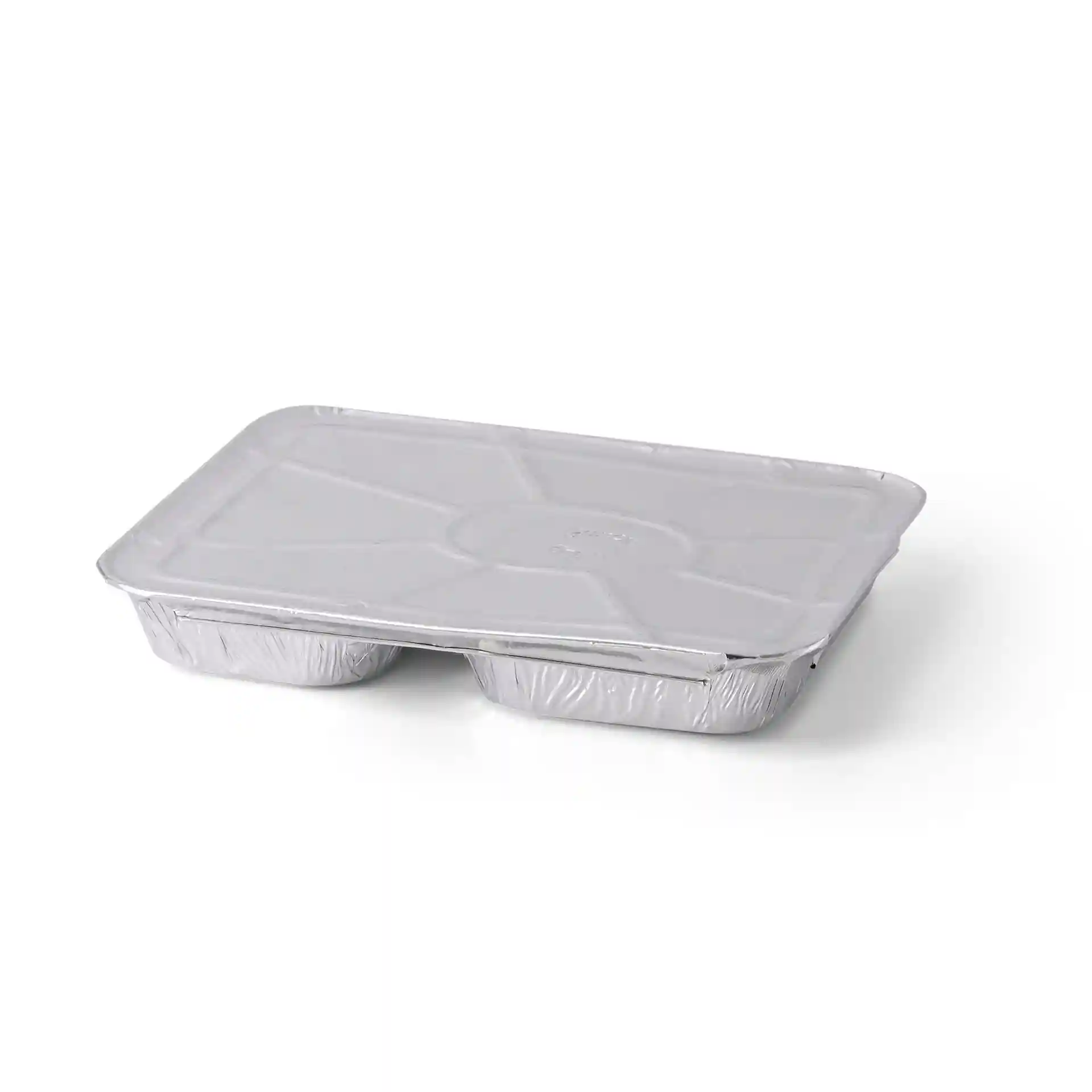 Vassoio per pasti in alluminio rettangolare con due scomparti, misure 22,7 x 17,7 x 3 cm.