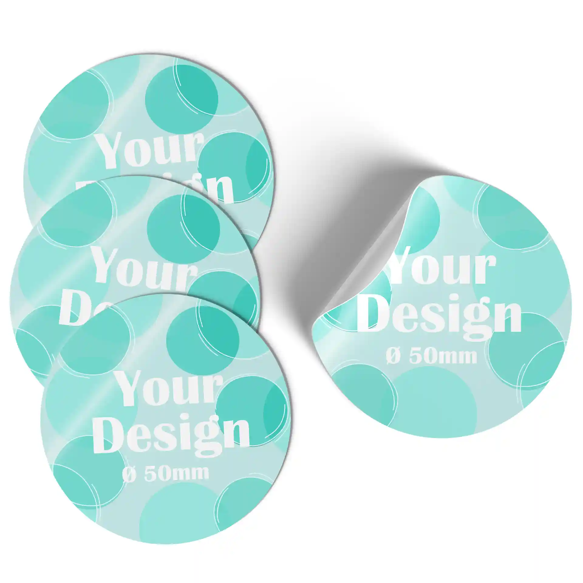 Quatre étiquettes rondes imprimées avec un design turquoise, chacune mesurant 50 mm de diamètre.