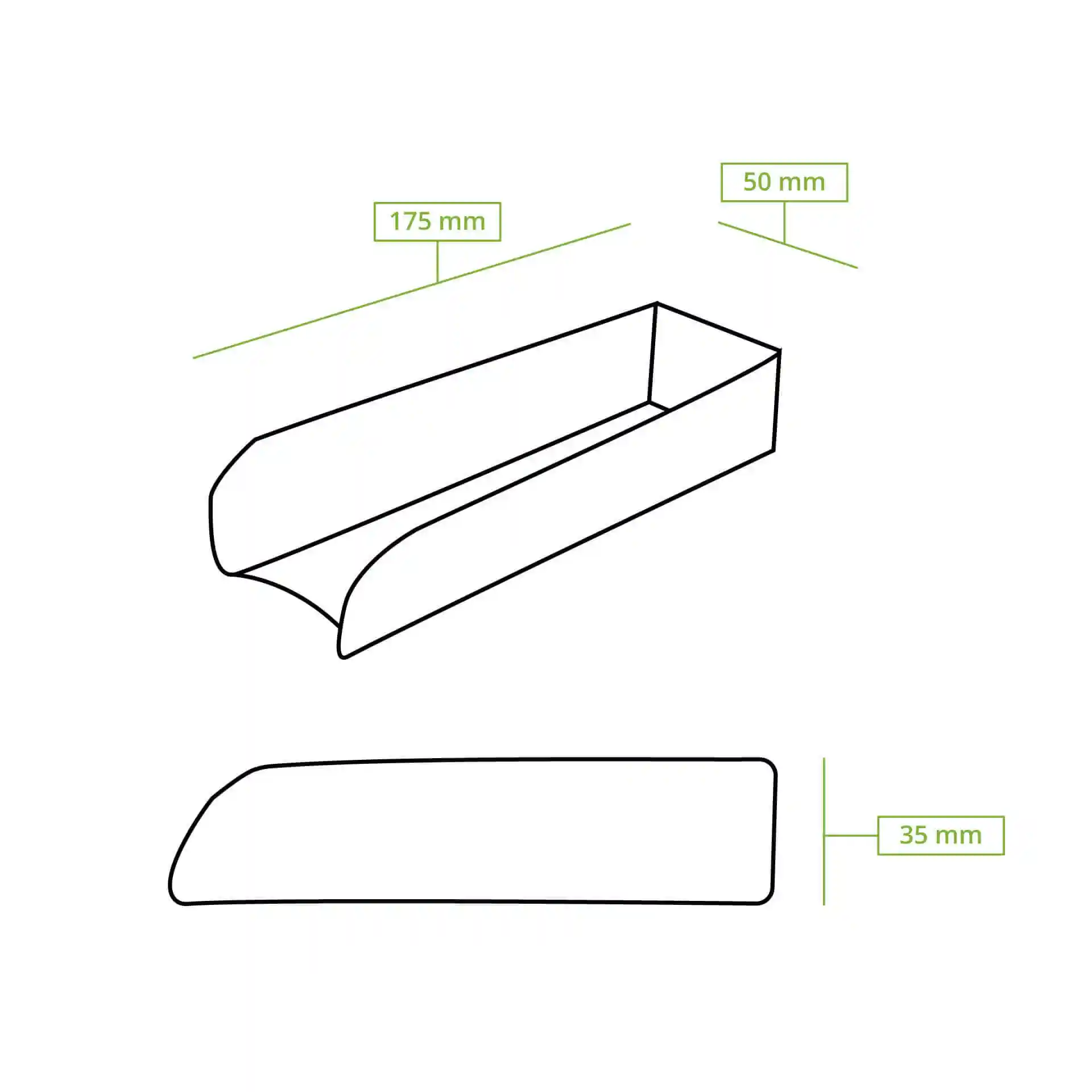 Disegno schematico di un vassoio per hot dog rettangolare con dimensioni di 175 mm per 50 mm e un'altezza di 35 mm.