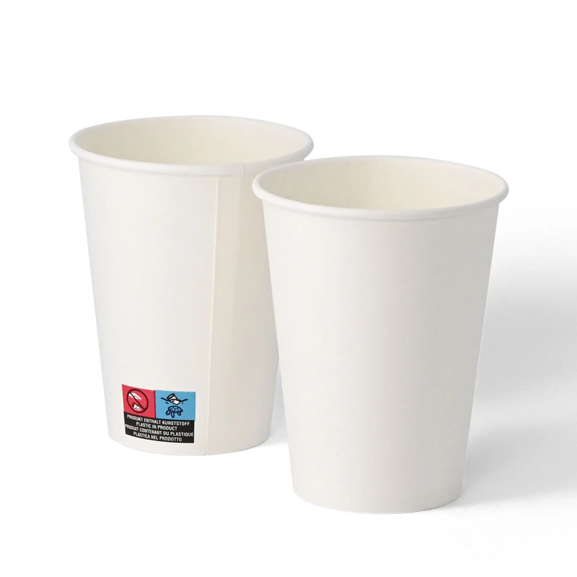 Due bicchieri di carta bianchi semplici a parete singola, 300 ml, con un diametro di 90 mm e un'etichetta con simboli su un bicchiere.