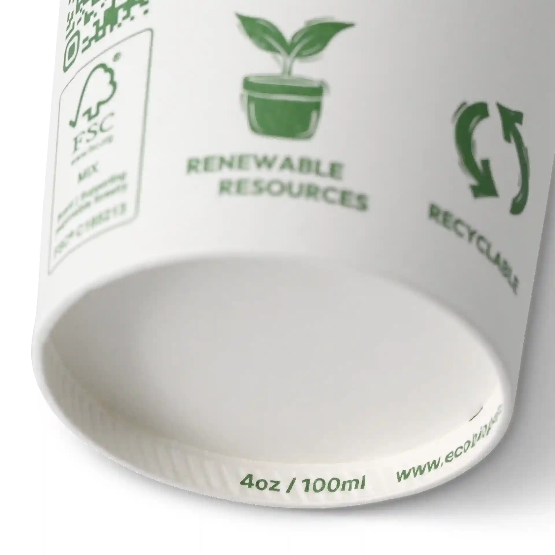 Pappbecher 100 ml / 4 oz, Ø 62 mm, "EcoUp©"- Icons, einwandig, weiss, PLA-beschichtet