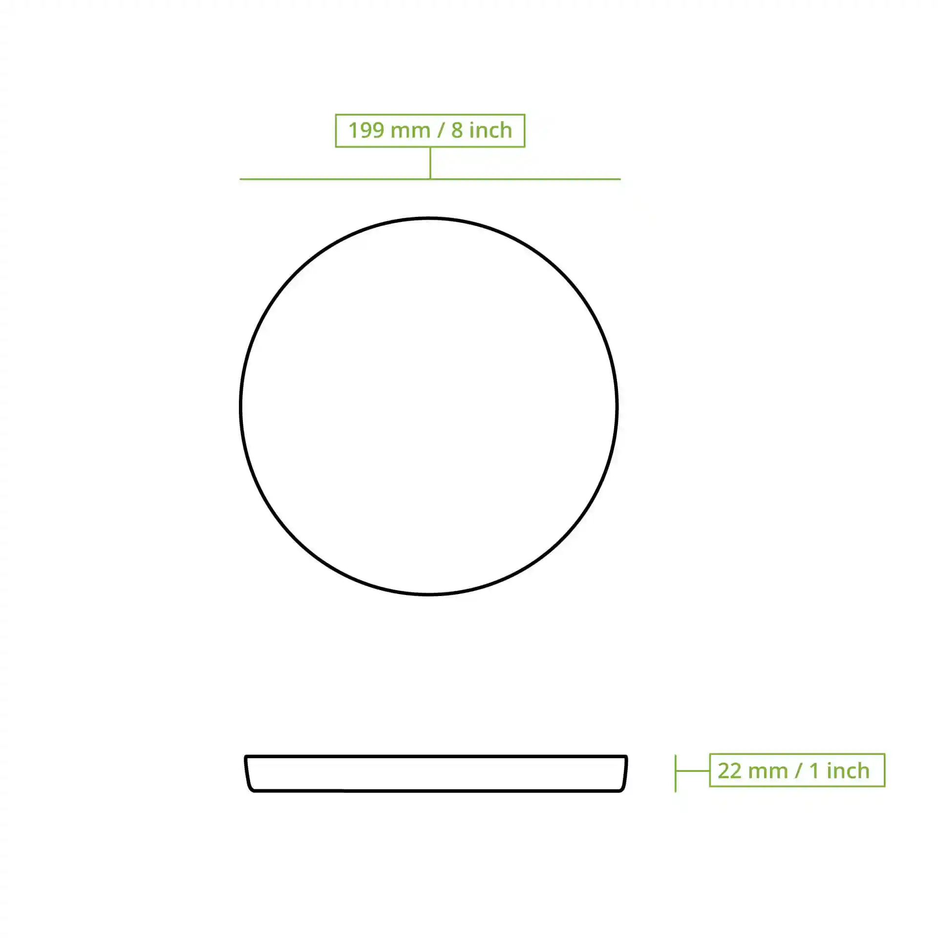 Schematische Zeichnung einer runden Platte mit einem Durchmesser von 200 mm und einer Höhe von 22 mm.