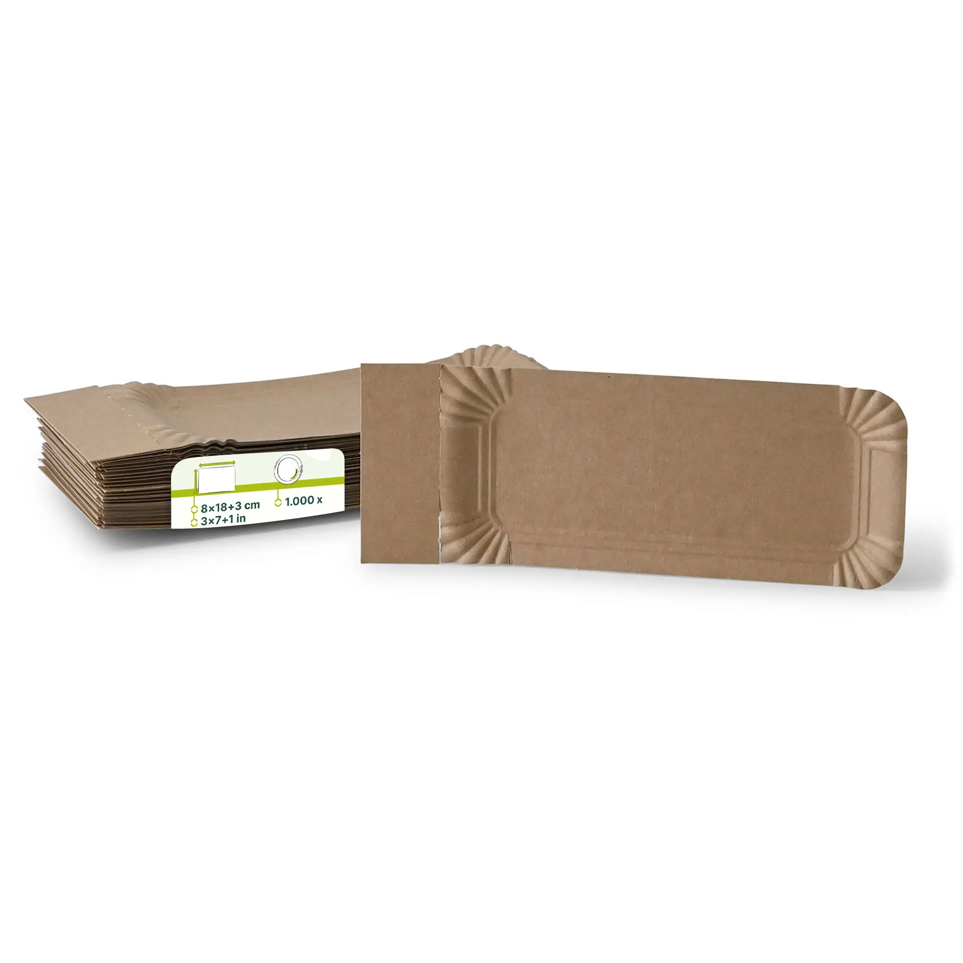 Pappteller mit Abriss 8 x 18 + 3 cm, braun, rechteckig Pappteller mit Abriss 8 x 18 + 3 cm, braun, rechteckig