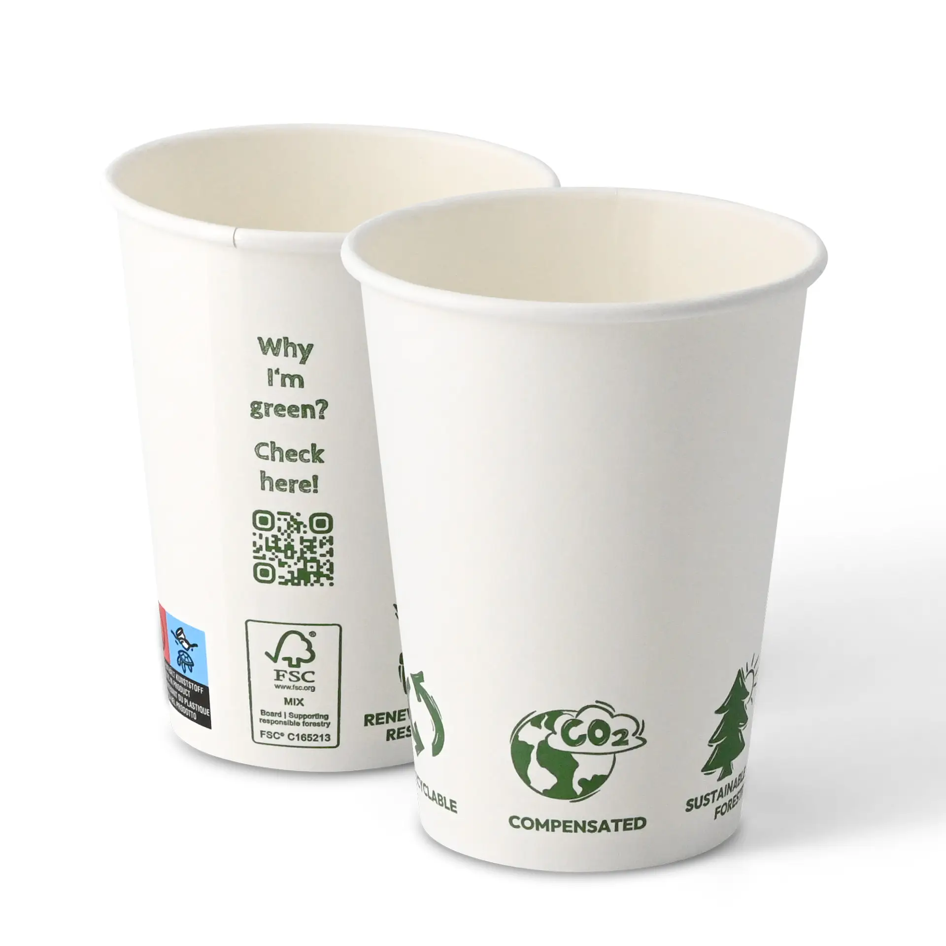 Gobelet en carton 300 ml / 12 oz, Ø 90 mm, avec pictogrammes "EcoUp©", simple paroi, blanc, revêtement en PLA