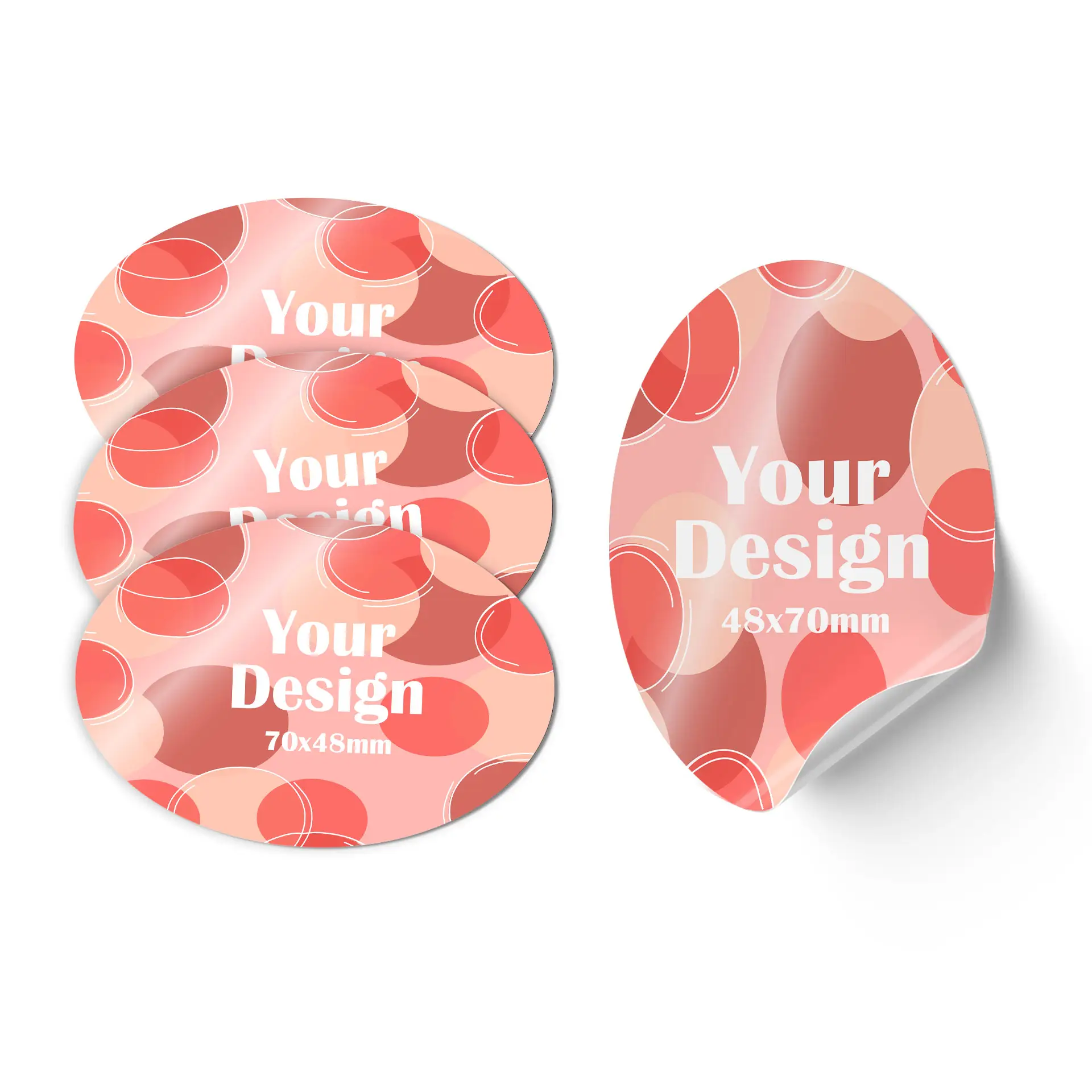 Autocollant ovale vert avec graphique blanc et des dimensions de 70x48 mm, montrant une partie de l'autocollant repliée au bord.