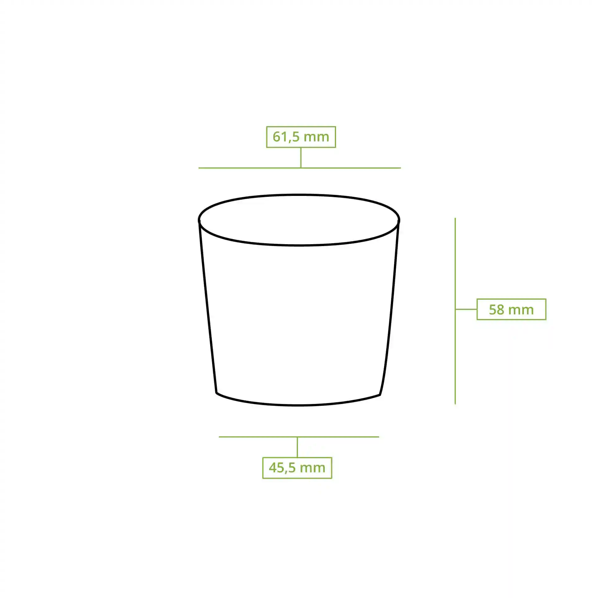 Disegno schematico di un bicchiere di carta con dimensioni: altezza 60 mm, diametro 62 mm e diametro della base 45,5 mm.