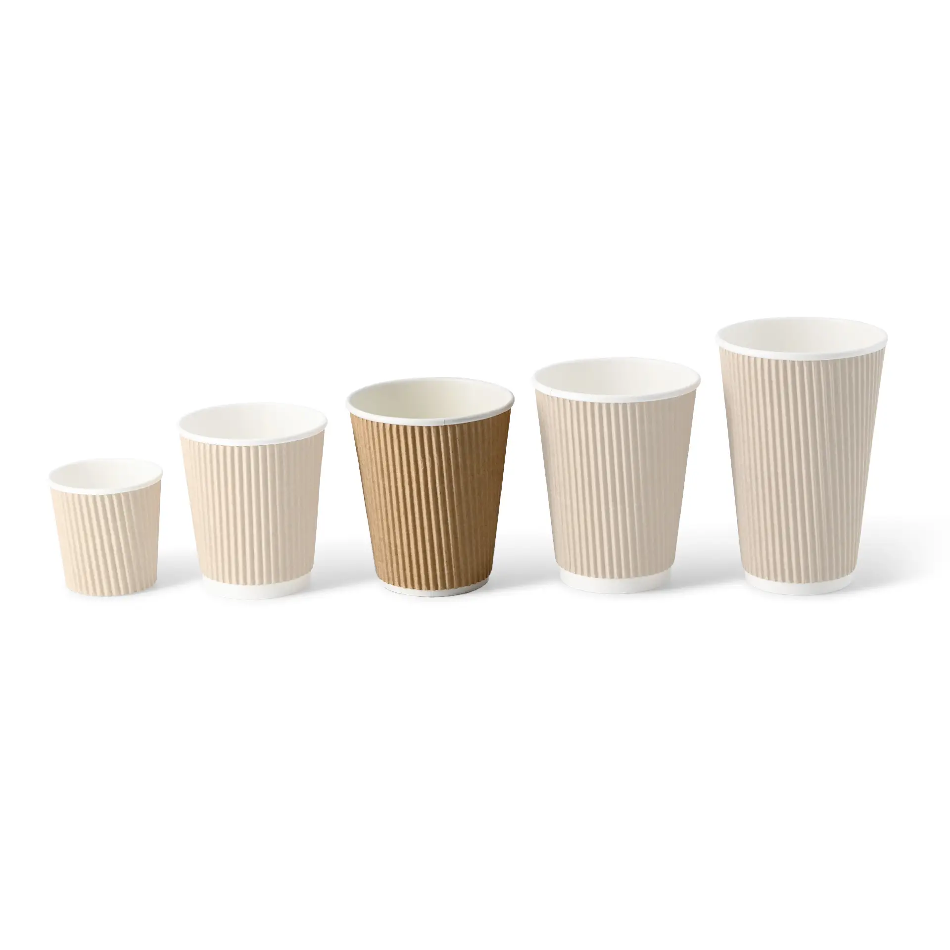 Image de cinq tasse isolées à ondulations de différentes tailles, avec des surfaces extérieures brunes et intérieures blanches.