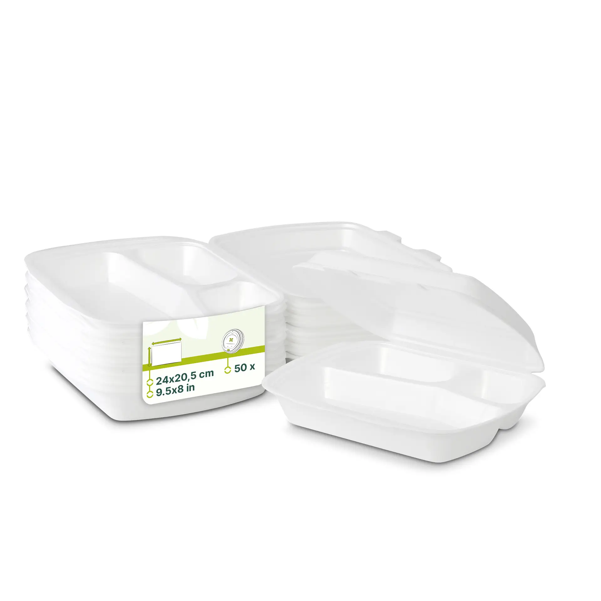 Plateaux repas en plastique blanc avec sections séparées, empilés avec une étiquette visible indiquant la taille et la quantité.