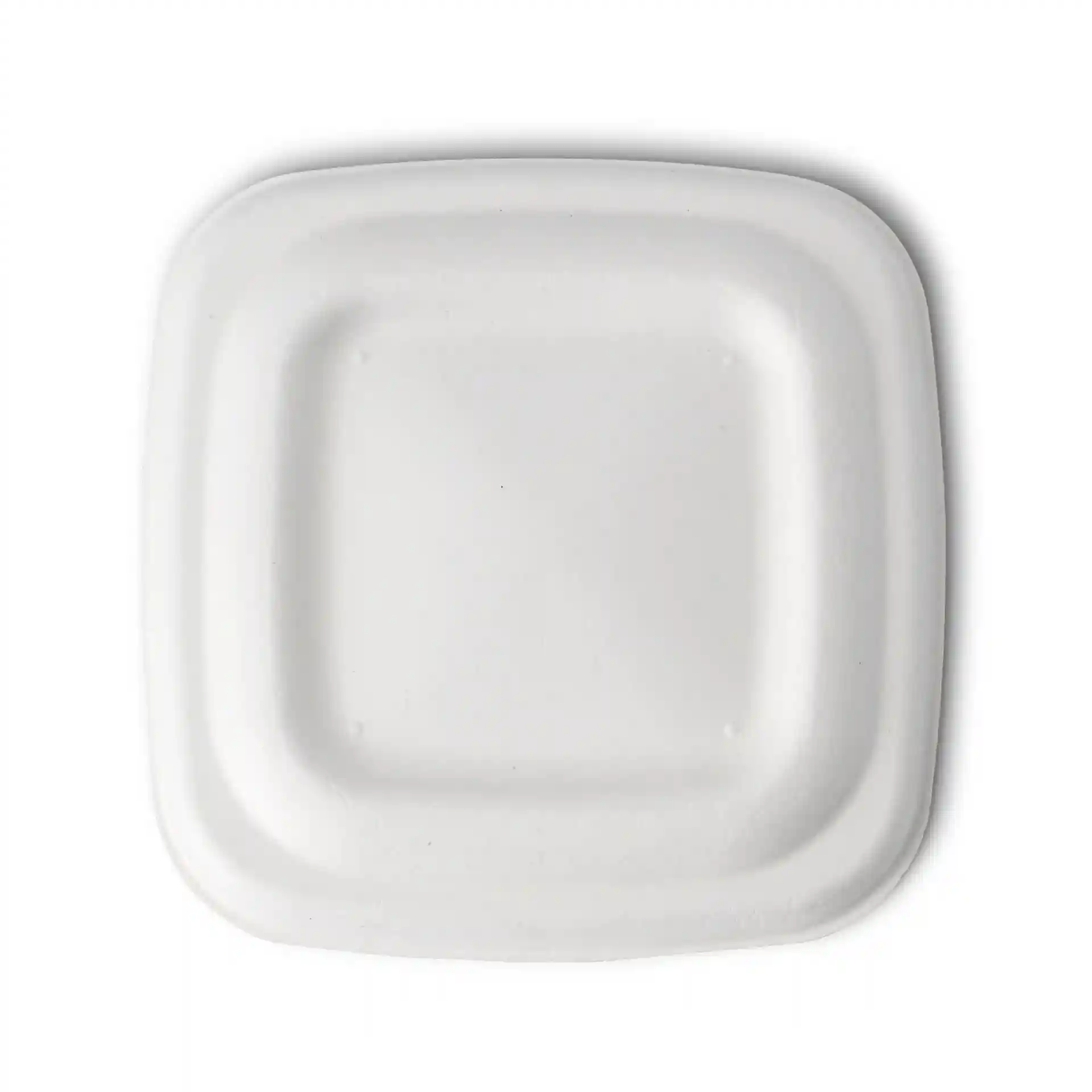 Coperchio quadrato bianco in canna da zucchero che misura 85 mm x 85 mm e un'altezza di 6 mm.
