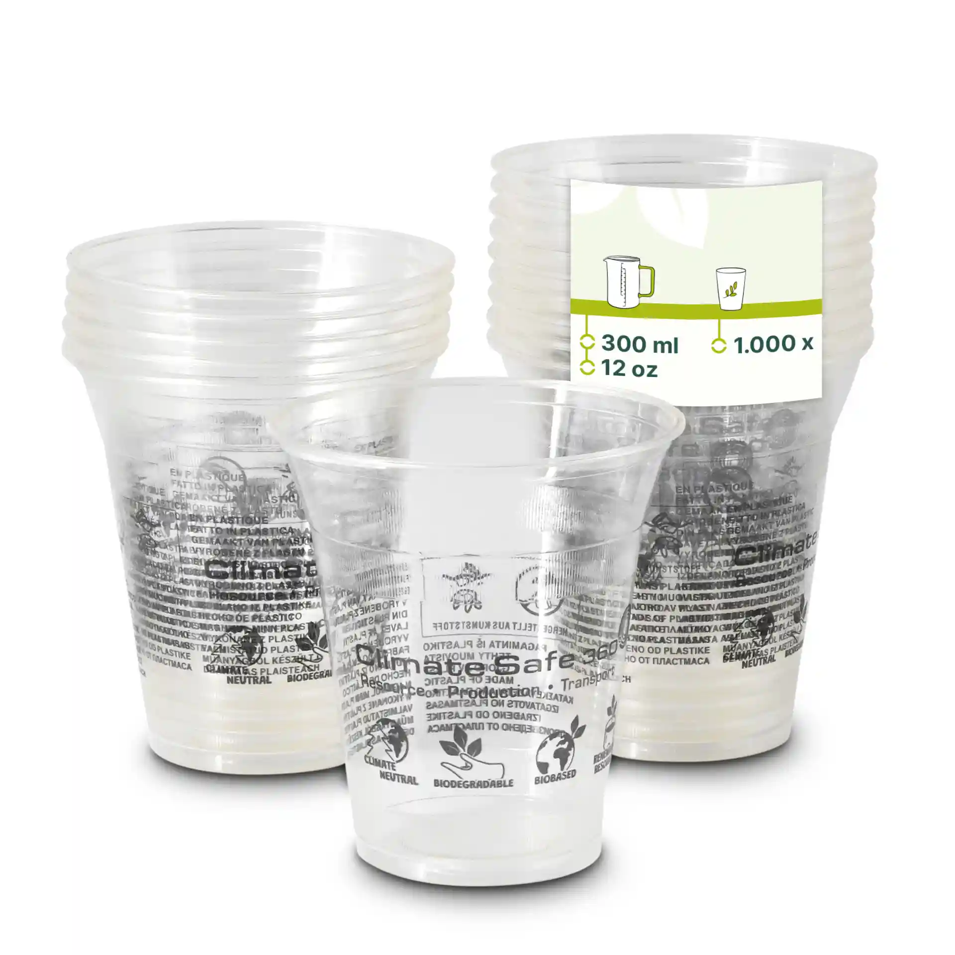 Bicchieri per smoothie PLA trasparenti da 12 oz impilati con etichetta visibile che mostra una capacità di 300 ml e 1000 pezzi.