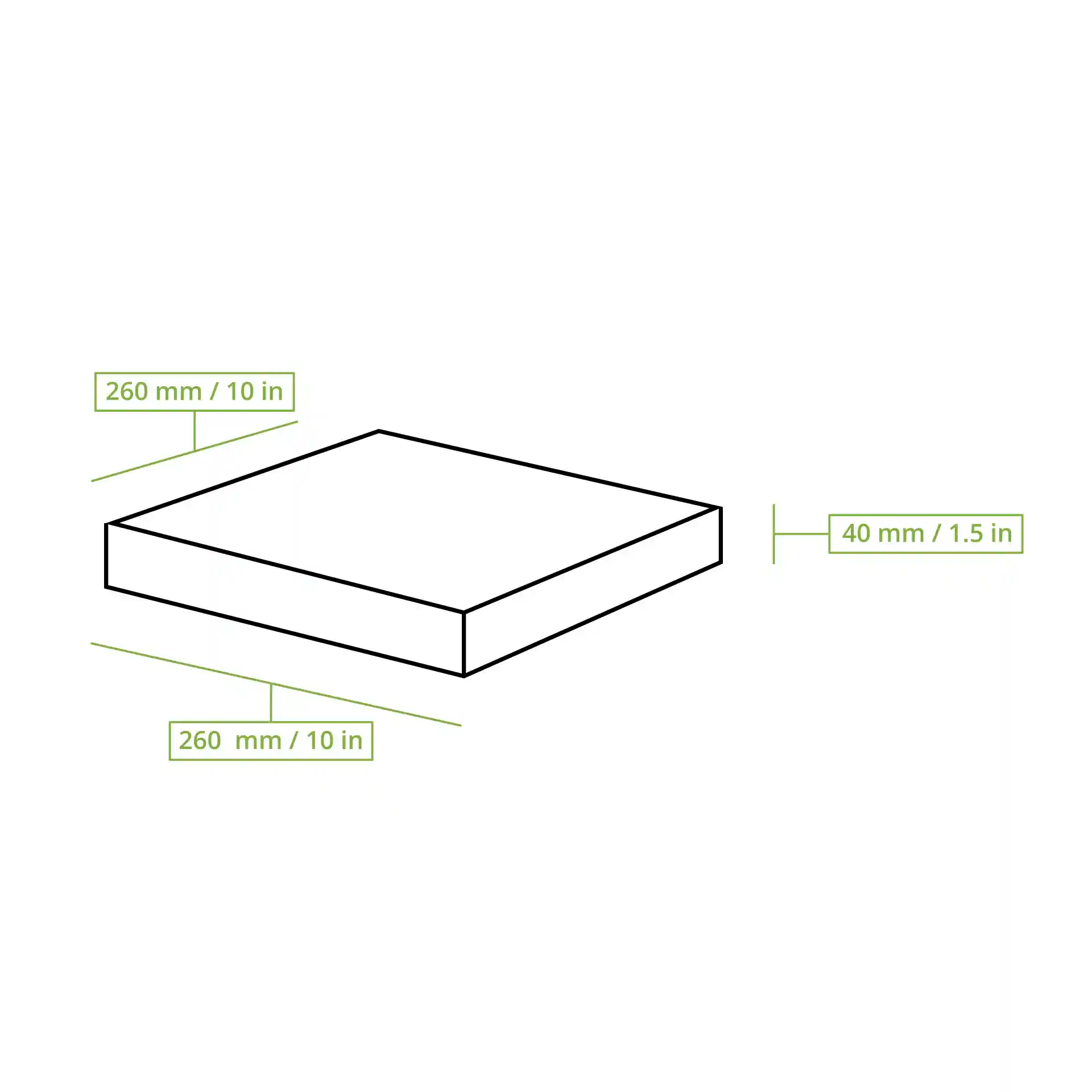Schematische Zeichnung einer quadratischen Pizzaschachtel mit den Abmessungen 260 mm x 260 mm und einer Höhe von 40 mm.