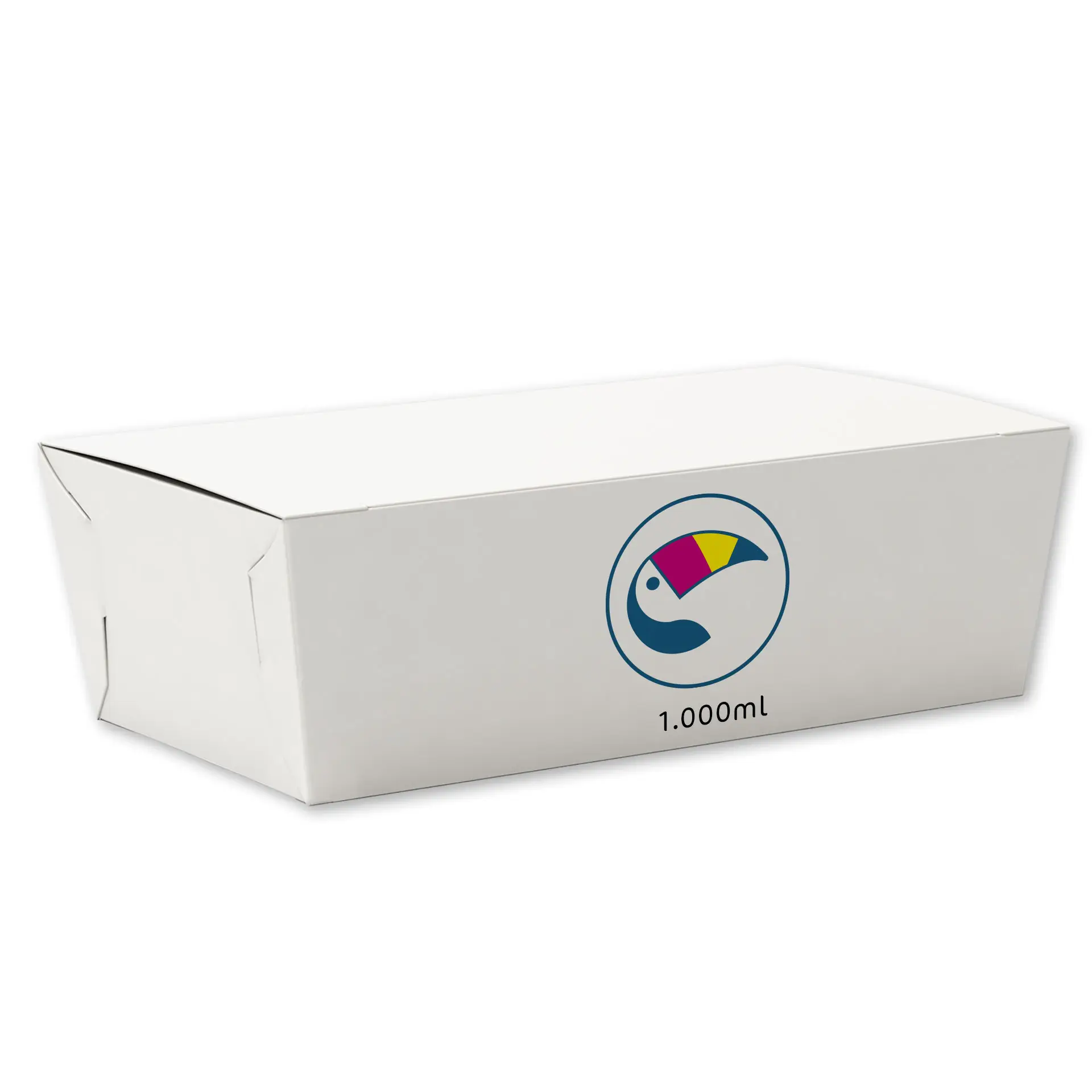 Individuell bedruckte Snackbox, 1000 ml, weiß mit Fisch-Logo. Ideal für feuchte und fettige Snacks.