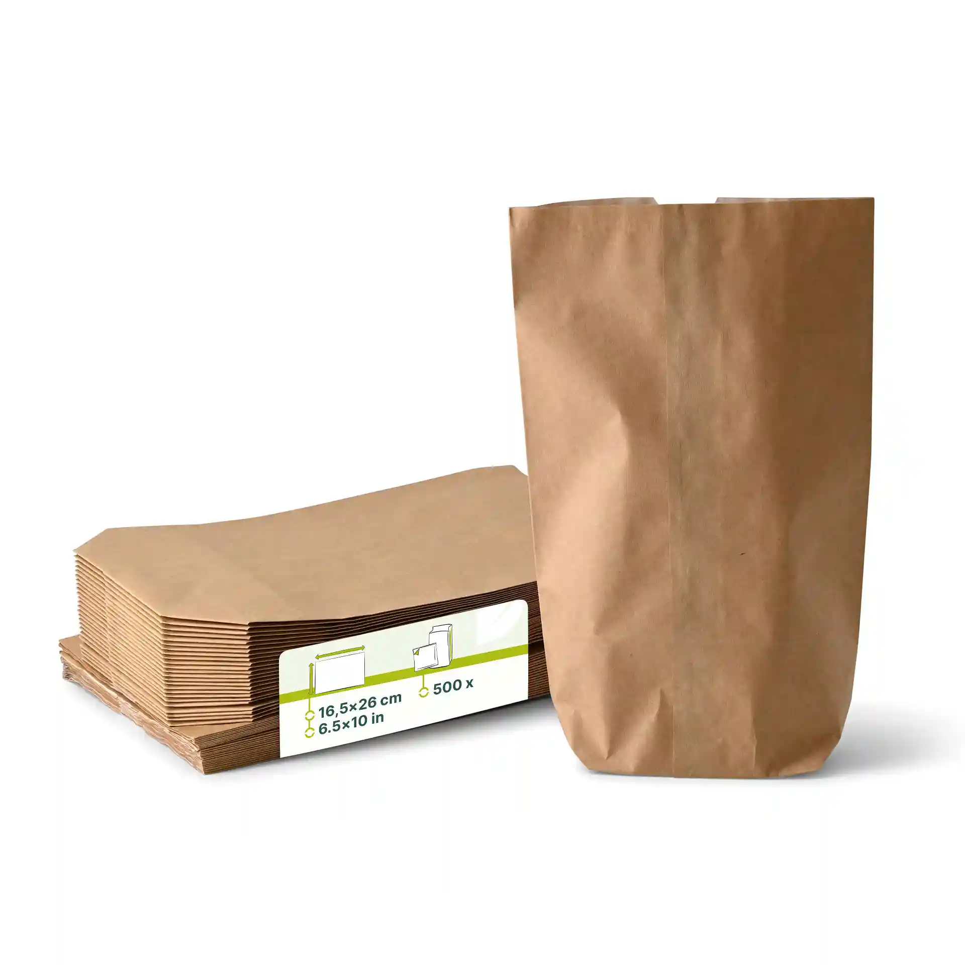 Sacchetto per snack in carta marrone, a doppio strato, misura 16,5 x 26 x 6 cm, con una pila di sacchetti dietro.