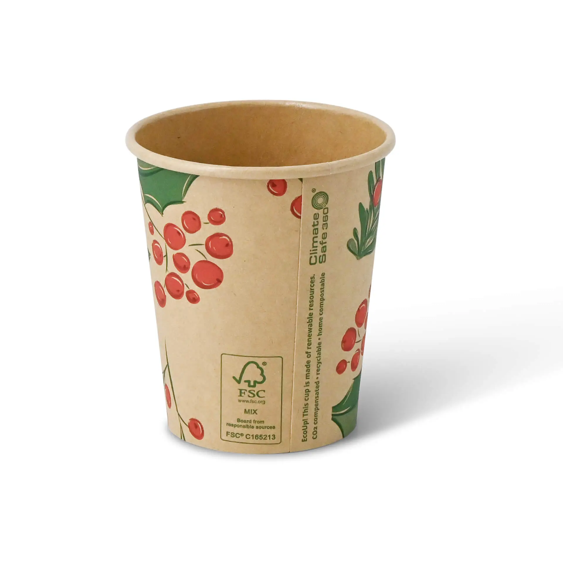 Gobelet en papier imprimé avec un motif de baies rouges et de feuilles vertes, en carton non blanchi, capacité de 8 oz.