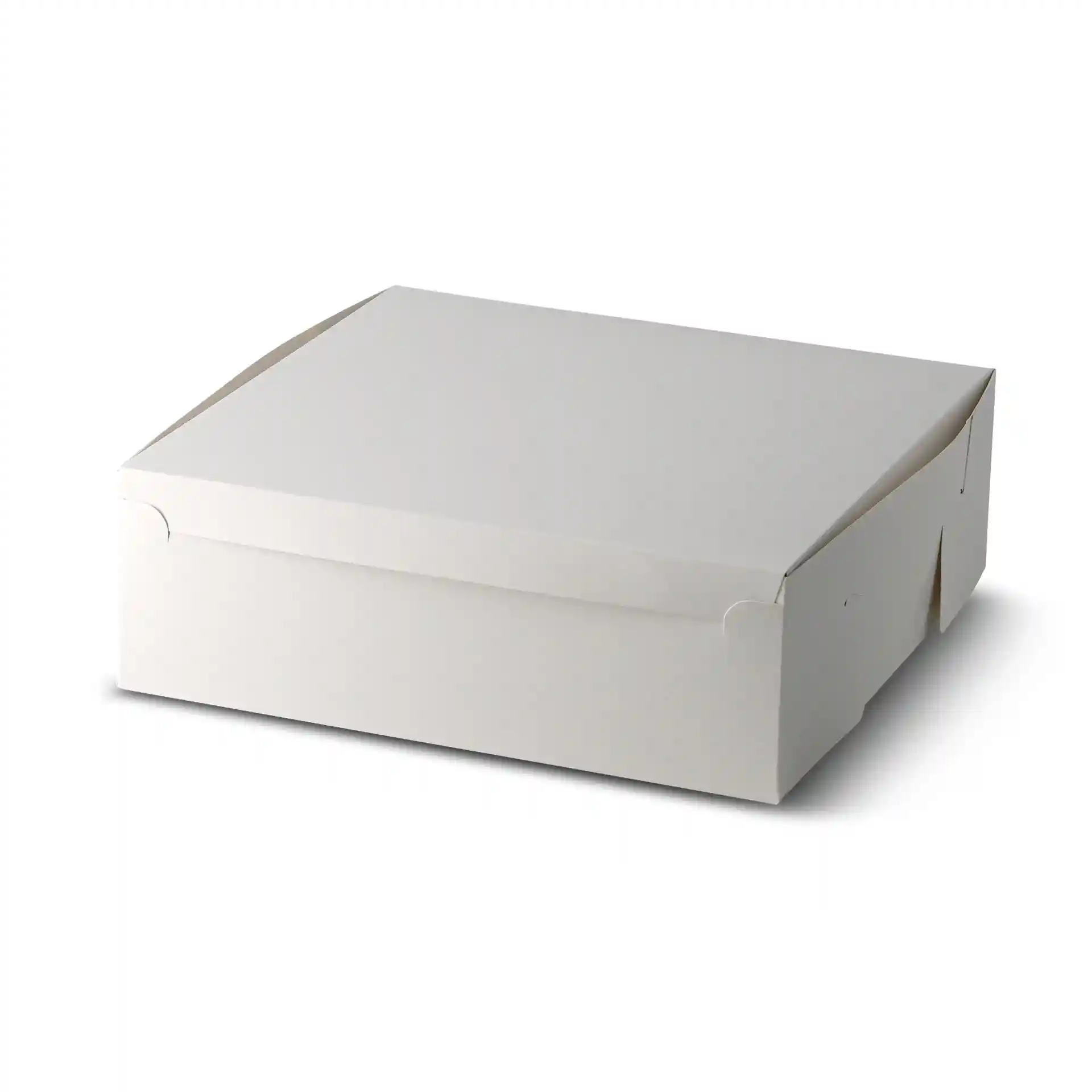Weiße Kuchenbox mit Deckel, Maße 30,5 x 30,5 x 10 cm.