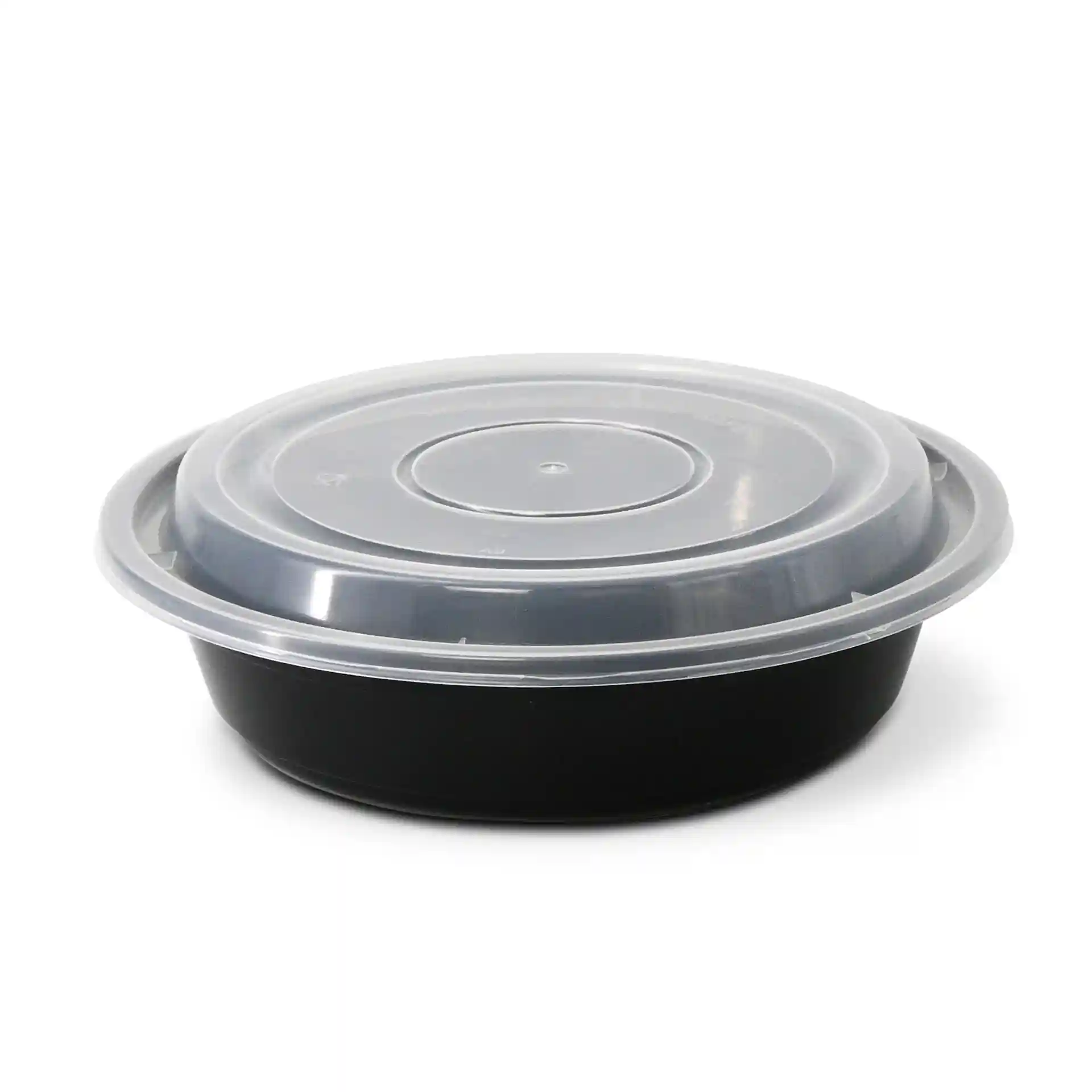 Piatto nero rotondo riutilizzabile con coperchio trasparente, capacità di 700 ml, diametro di 182 mm.