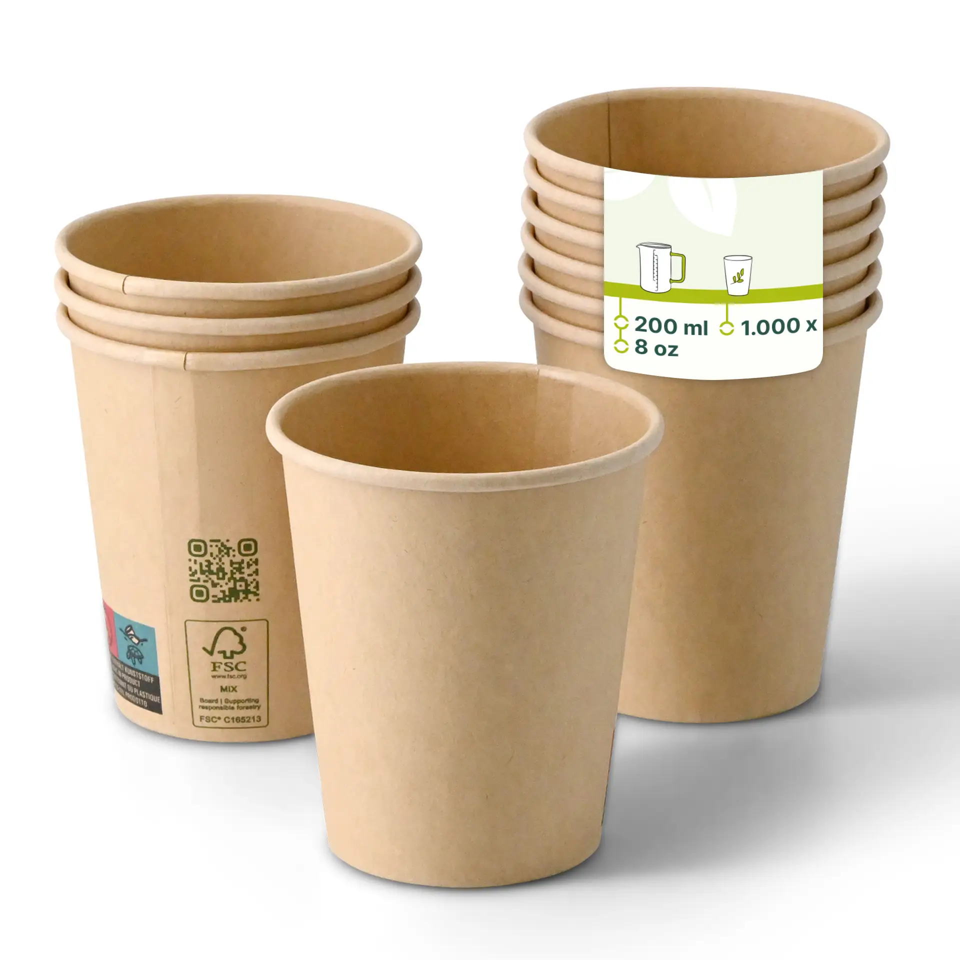 Gobelet en carton 200 ml / 8 oz, Ø 80 mm, simple paroi, brun, revêtu de PLA
