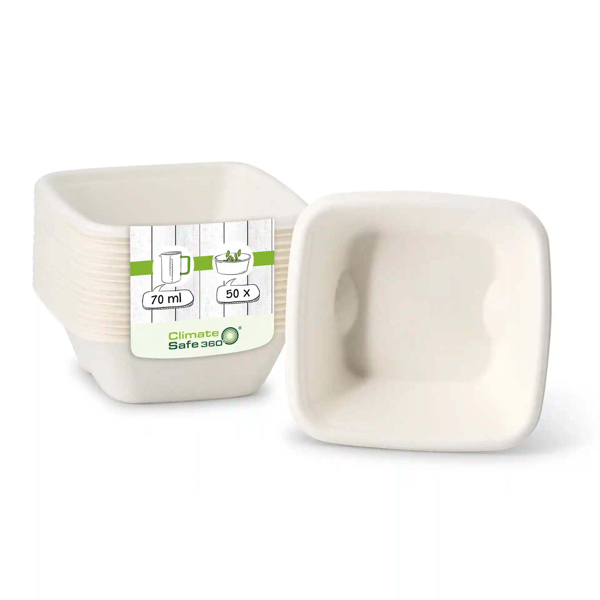 Coppette quadrate bianche in bagassa, 70 ml, con un'etichetta che mostra i dettagli del prodotto, impilate con una coppetta davanti.