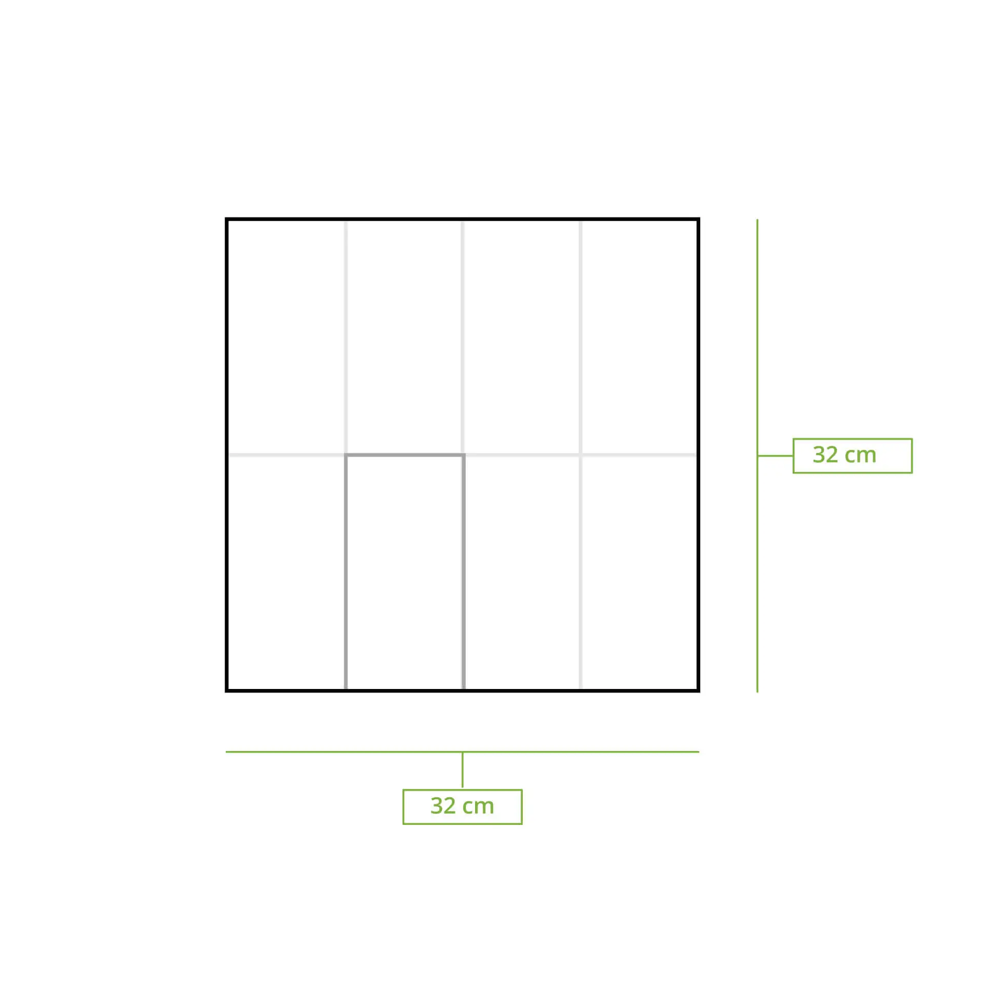 Dessin schématique d'une serviette en papier carrée de 32 cm avec pliage 1/8 et lignes de dimension.