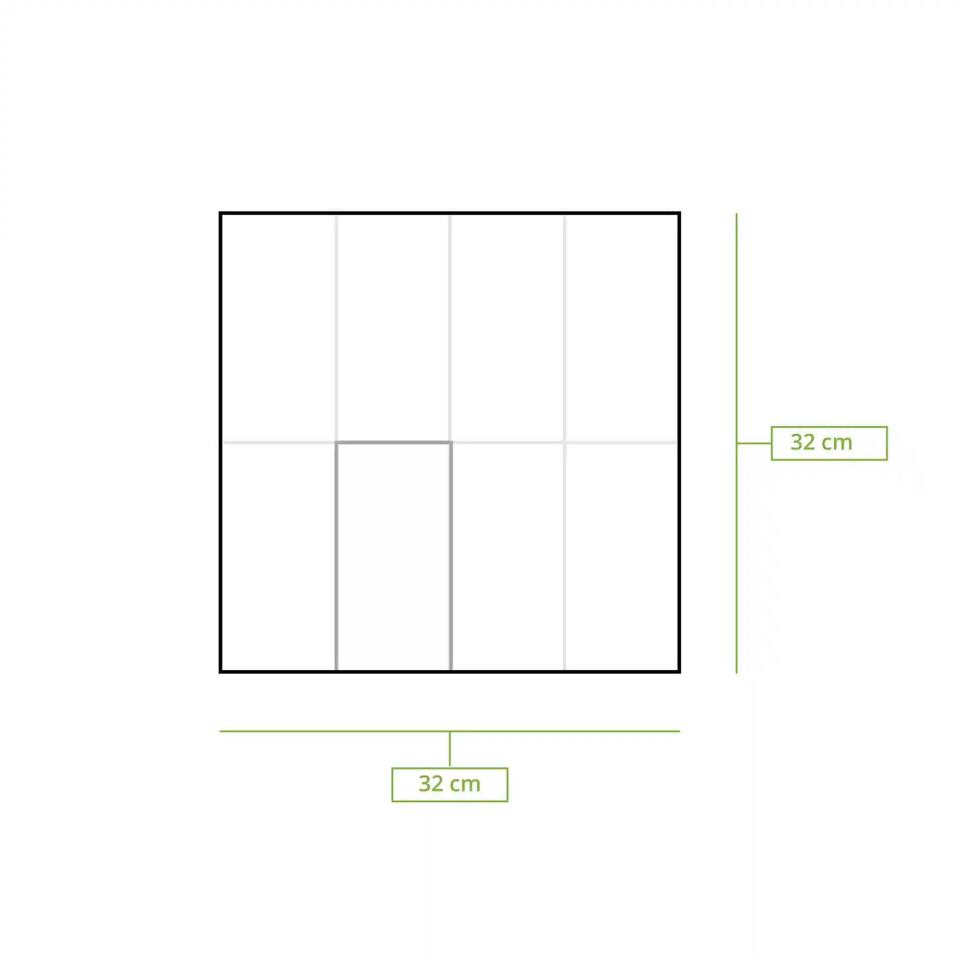 Schematische Zeichnung einer 32 cm großen quadratischen Papierserviette mit 1/8-Faltung und Maßlinien.
