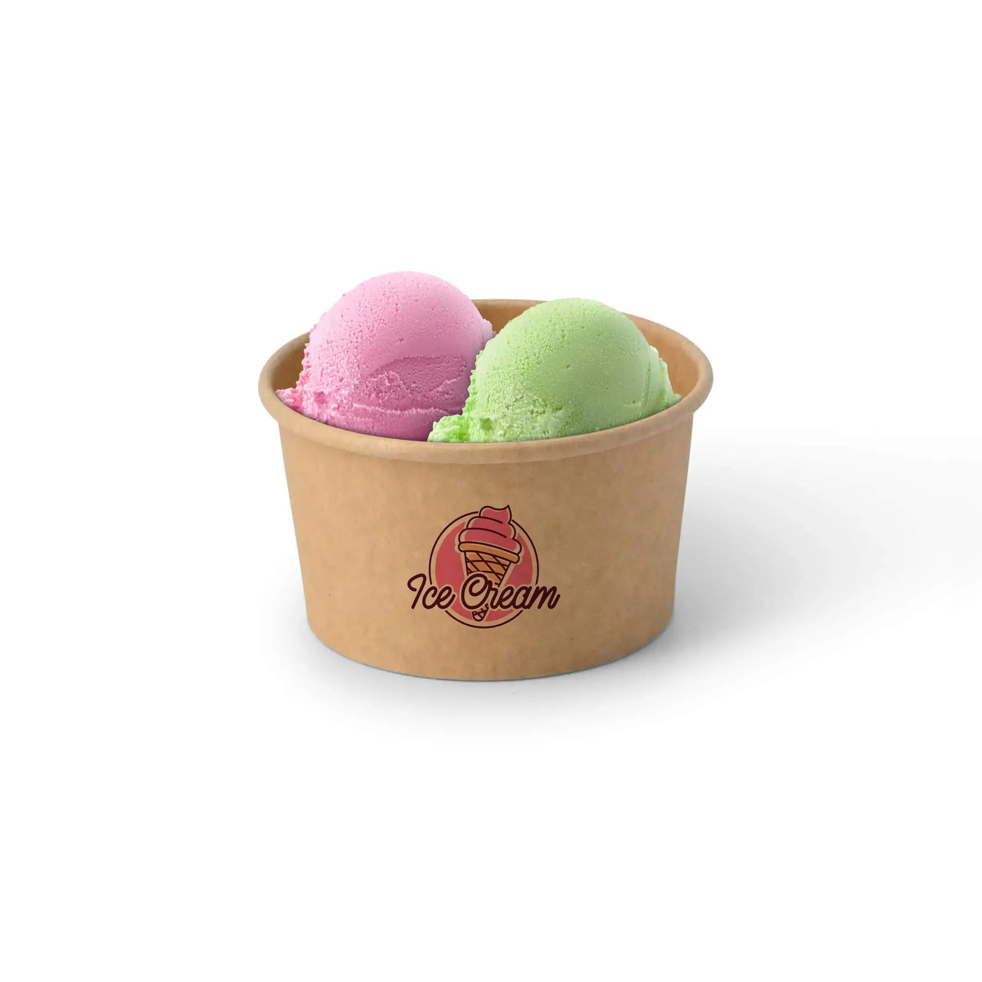 Gobelet à glace brun personnalisé avec boules de glace rose et verte ; arbore un logo "Glace".