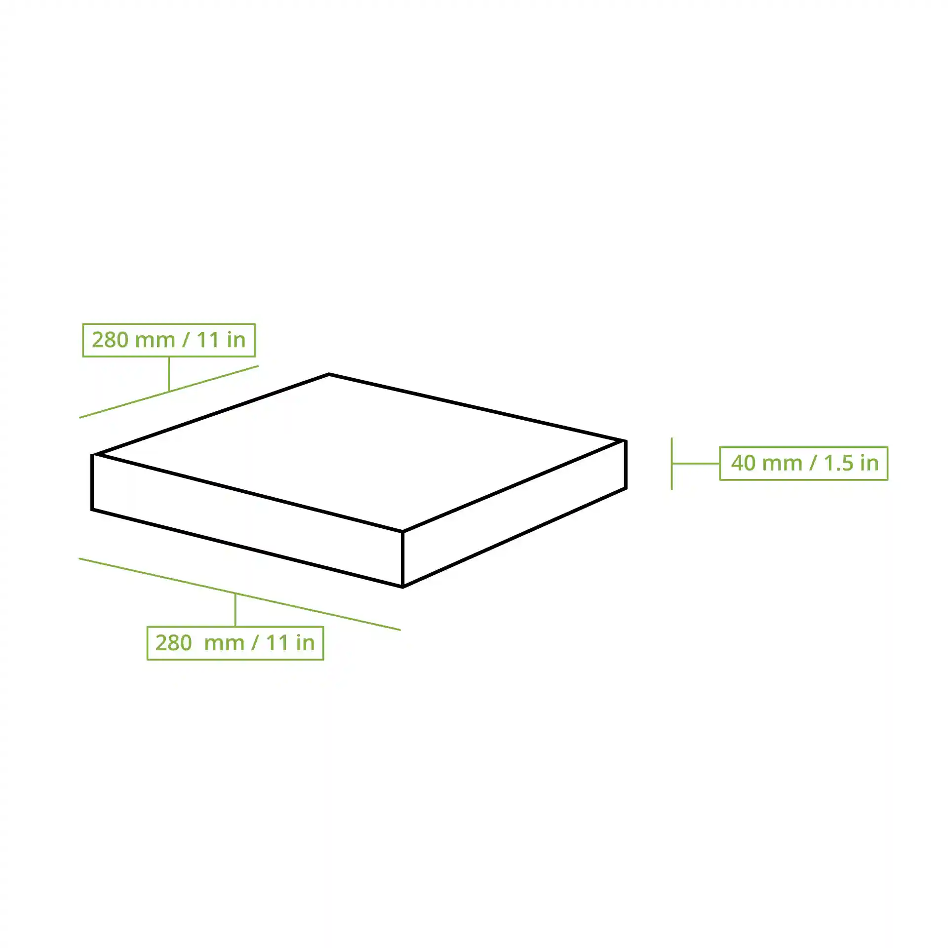 Dessin schématique d'une boîte à pizza carrée avec des dimensions de 280 mm x 280 mm x 40 mm.
