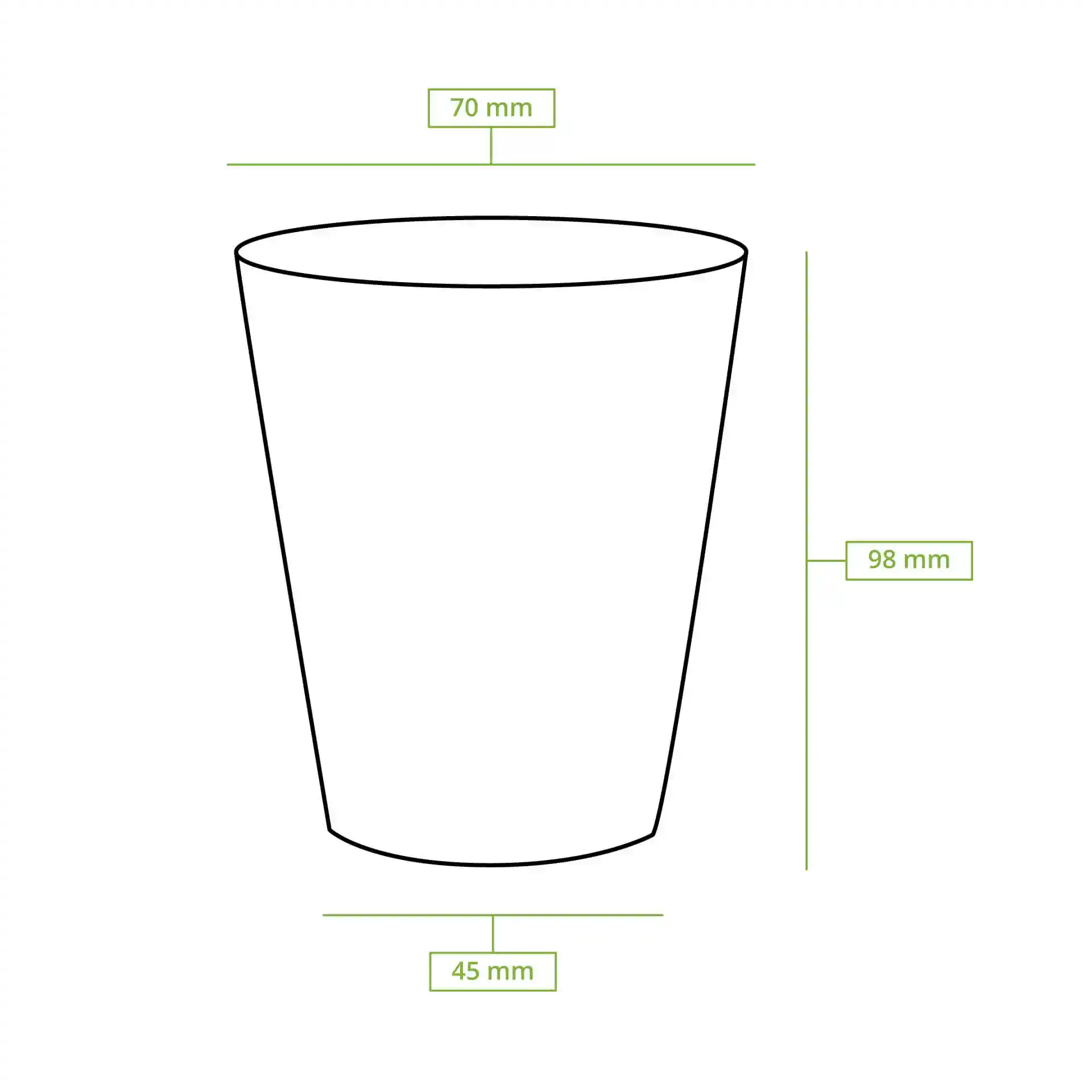 Disegno schematico di un bicchiere con linee di dimensione che mostrano un'altezza di 98 mm e un diametro superiore di 70 mm.