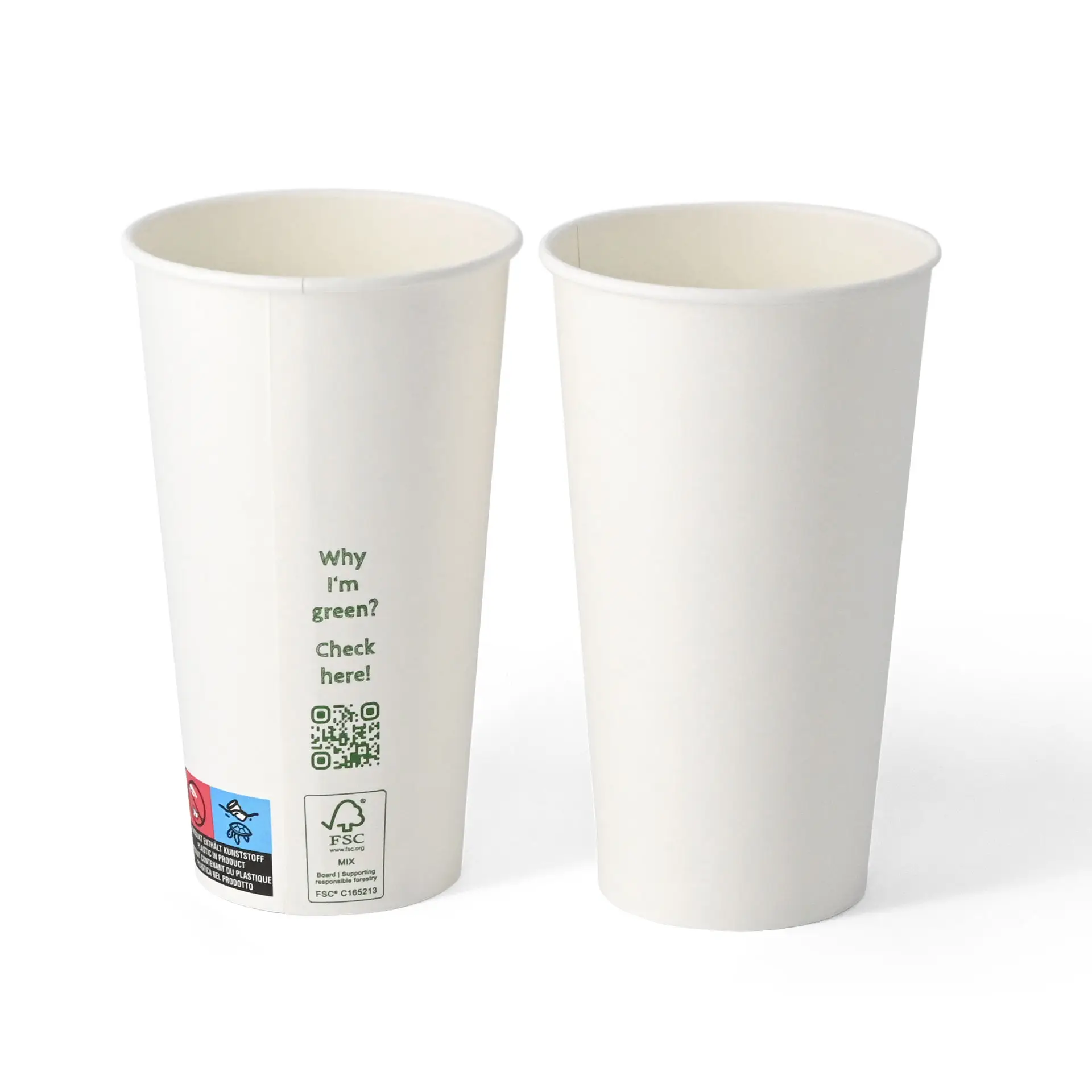 Einfache weiße Pappbecher, 500 ml, mit PLA beschichtet, mit QR-Code und Informationen zur Nachhaltigkeit.