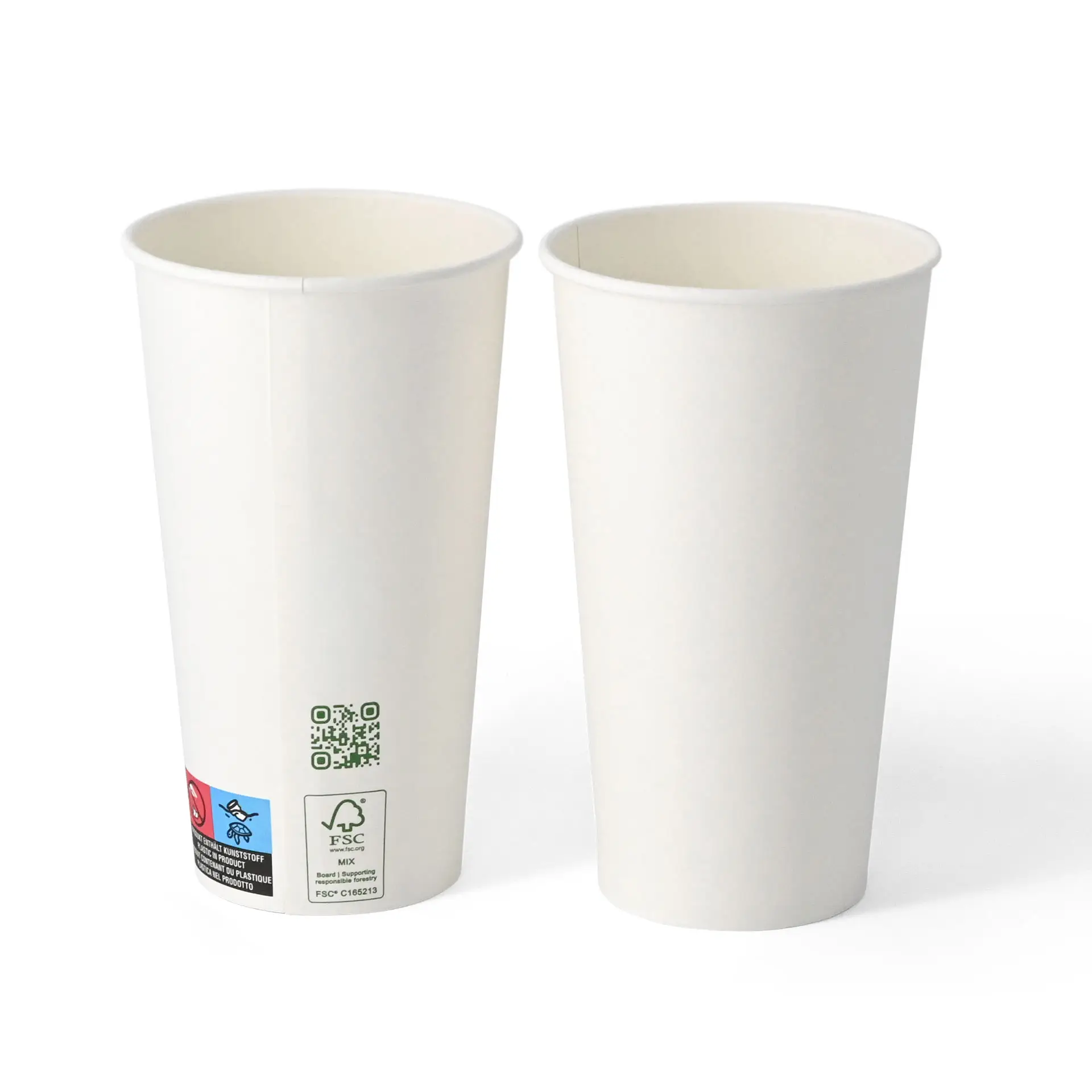 Gobelet en papier blanc simple paroi, 500 ml, revêtu de PLA, avec un code QR et des informations sur la durabilité.