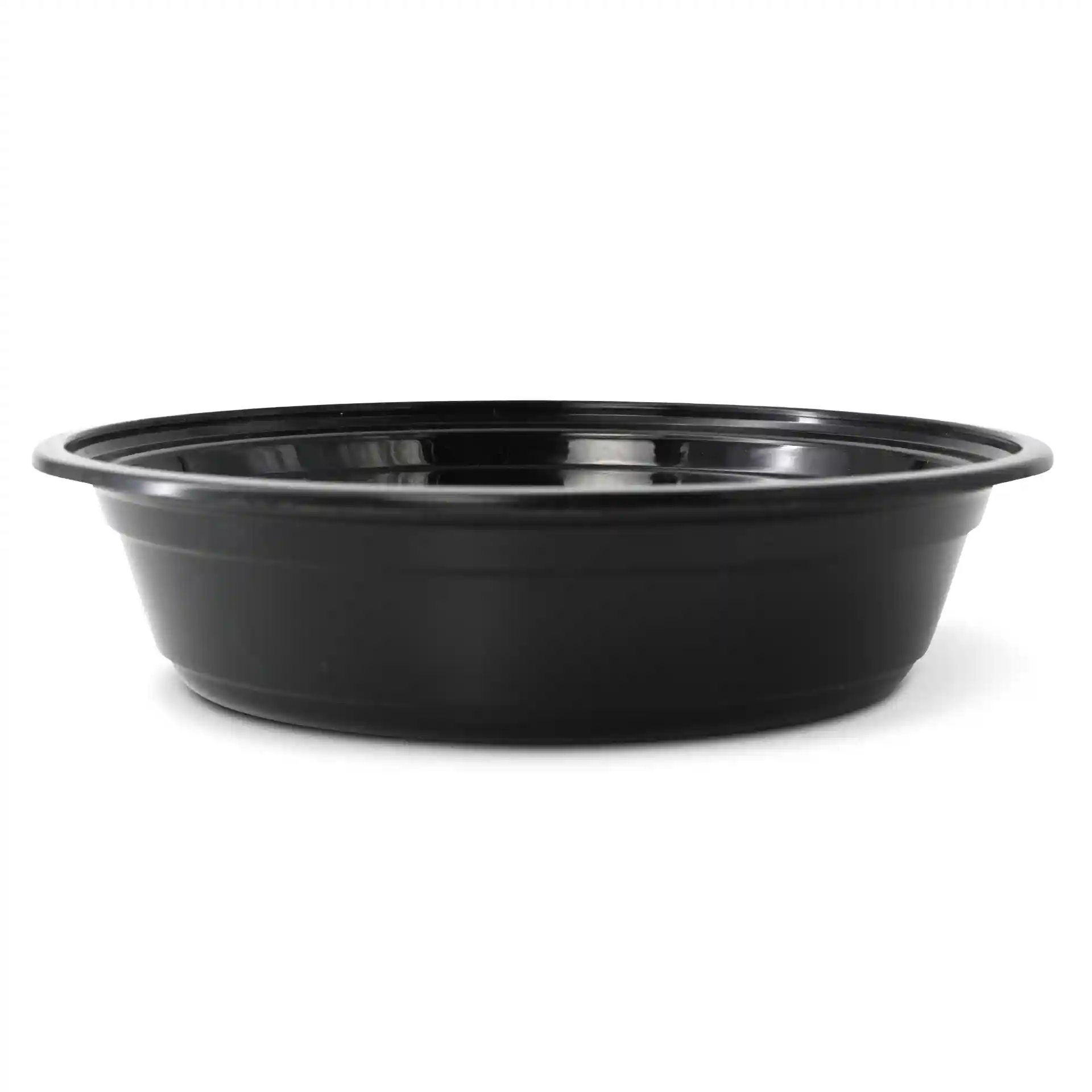 Piatto rotondo riutilizzabile nero in polipropilene, capacità di 700 ml, diametro di 182 mm e altezza di 44 mm.