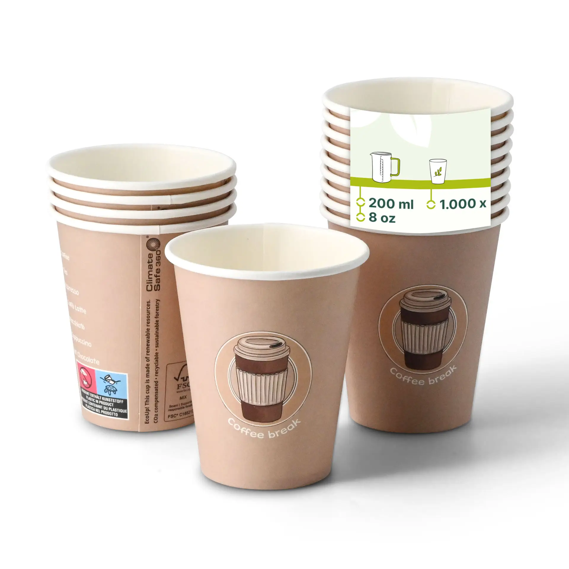 Pappbecher bedruckt "Coffeebreak" (beschichtet) 200 ml / 8 oz, Ø 80 mm, weiss con10033-01-0-pappbecher-bedruckt-coffeebreak-beschichtet-200-ml-8-oz-80-mm-weiss