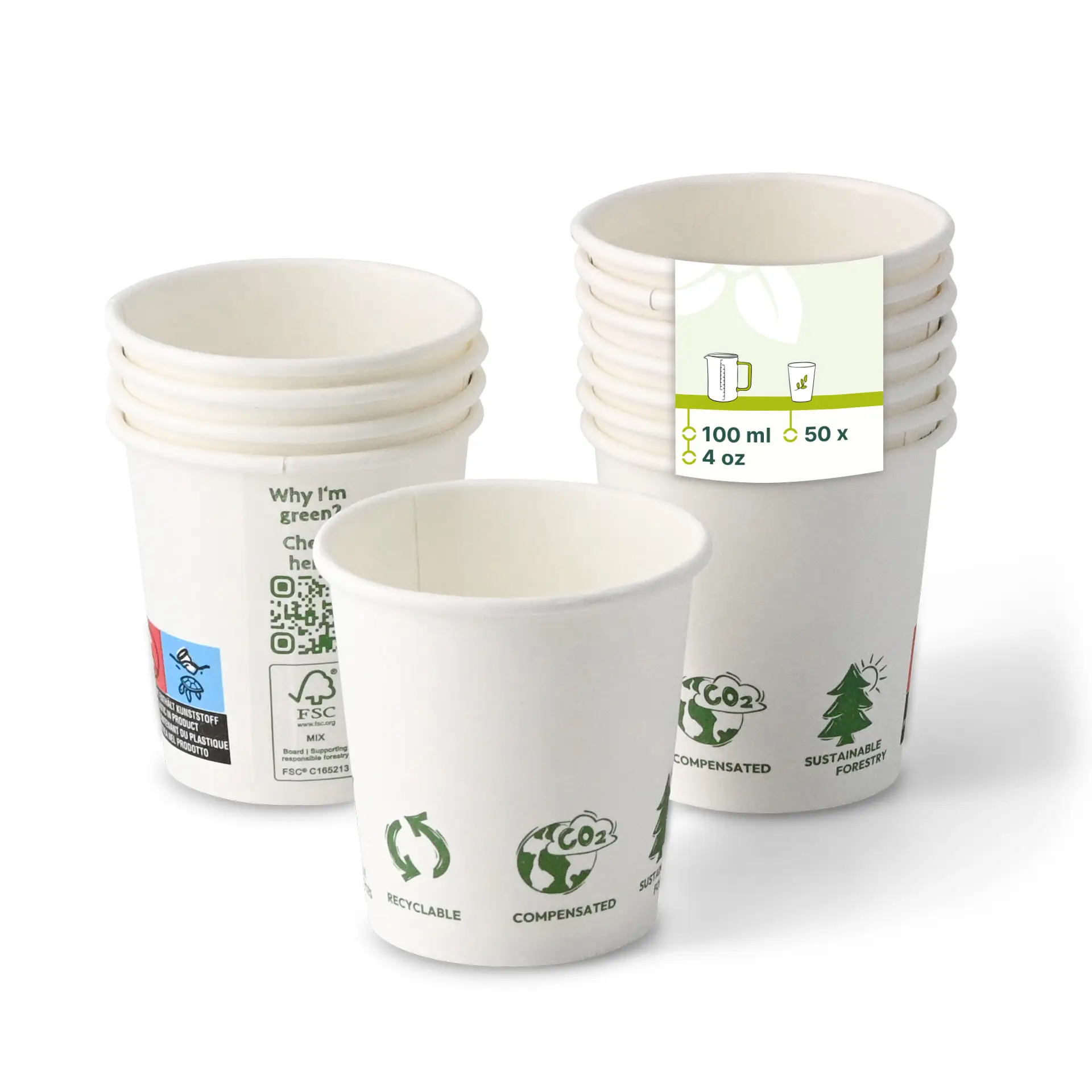 Gobelet en carton 100 ml / 4 oz, Ø 62 mm, avec pictogrammes "EcoUp©", simple paroi, blanc, revêtement en PLA